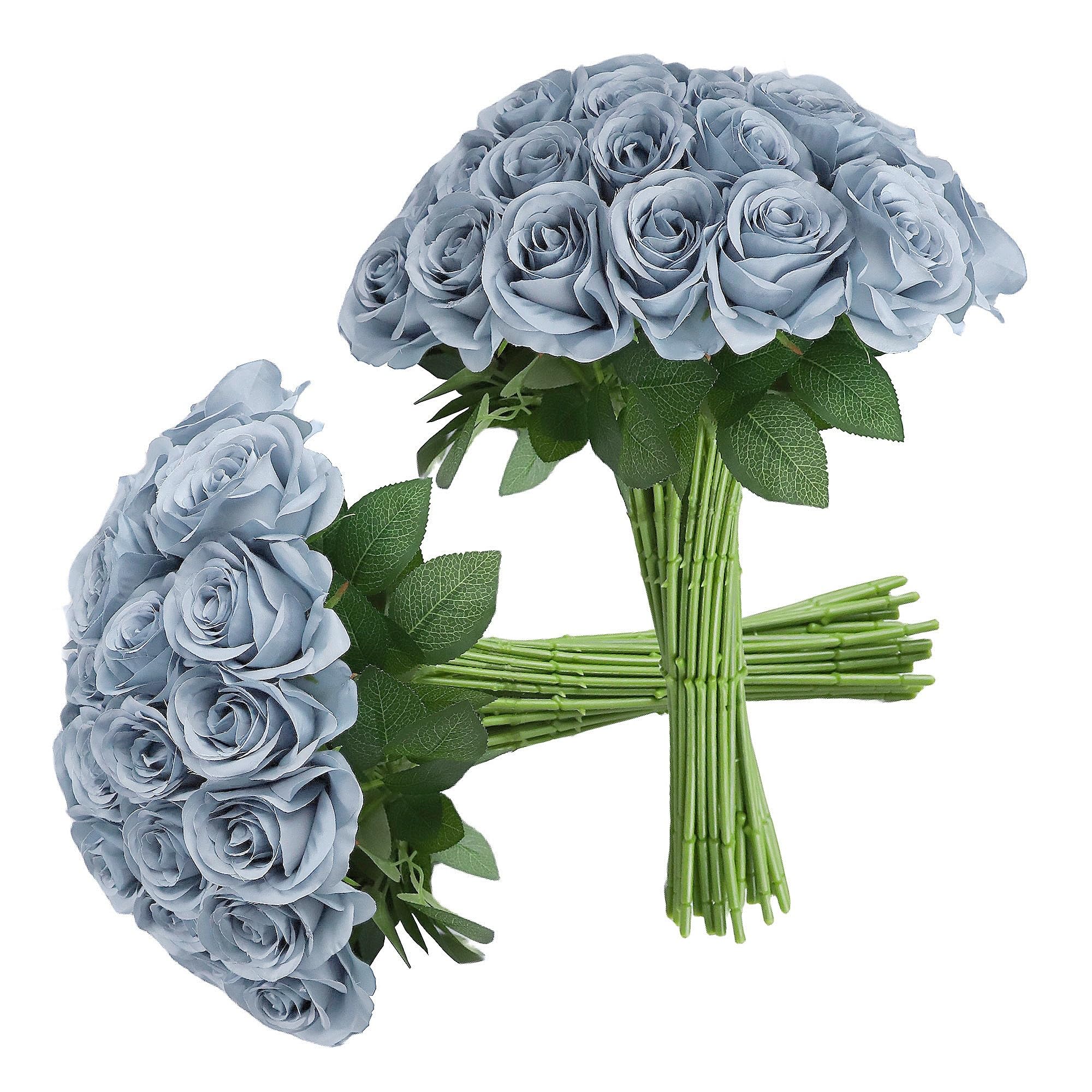 30pcs Roses Artificial Flowers Dusty Blue Silk Roses with Long Stems Fake Flowers for Wedding Bouquet Centerpices Decorations