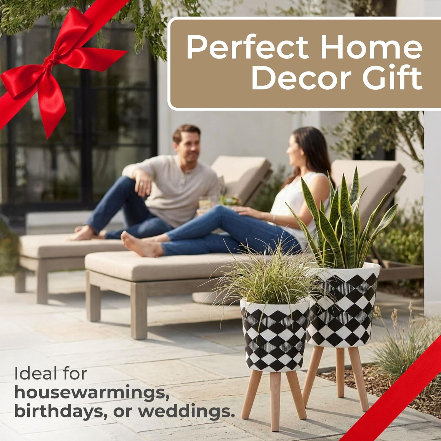 Resin Planter Stands Set – Plant Stand for Living Room or Patio Display for Greenery and Home Decor Styling, Geometric Mid-Century Design for Modern Outdoor Decor – 12" & 10", Black and White