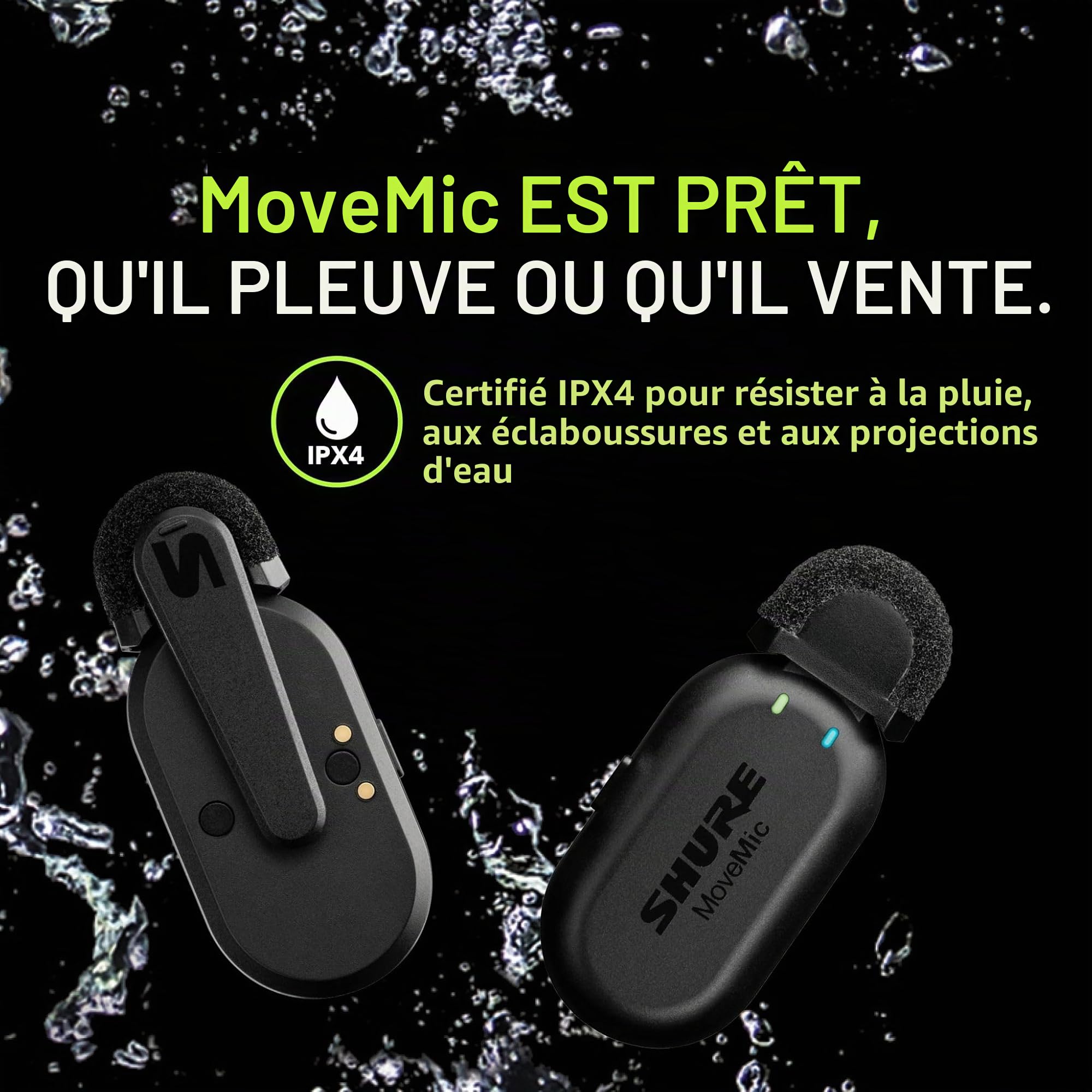 Shure MoveMic Two-Pro Direct to Phone Microphone Lavalier sans fil pour iPhone et Android, Bluetooth Mini Mic, 24 heures de charge, configuration rapide, IPX4, compact et portable Clip Lav (MV-TWO-Z6)