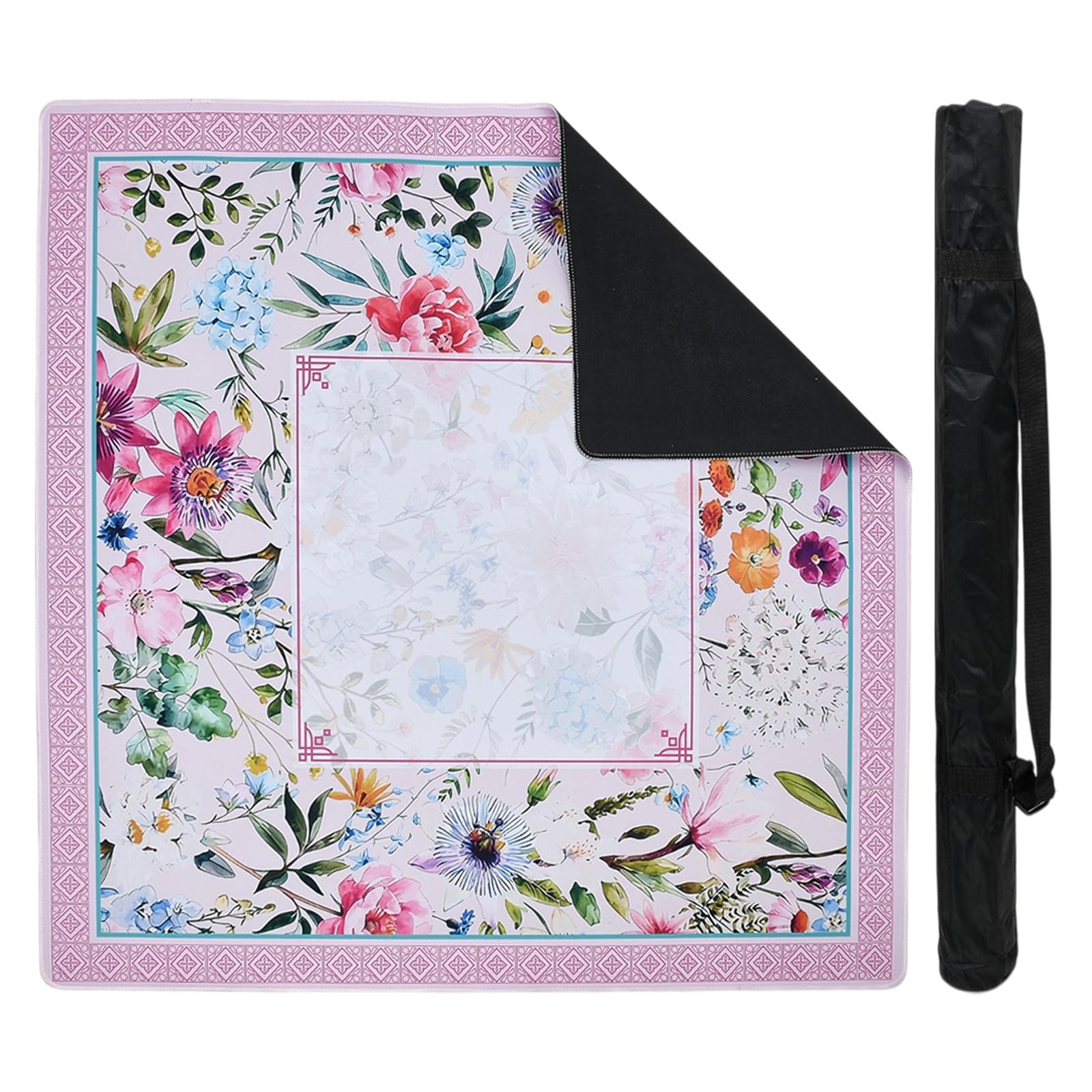 HUAAPLEVLA Pink Mahjong Mat for Table 31.5"×31.5" Rubber Mahjong Table Mat Waterproof Non Slip Noiseless Foldable Hand Painted Style Flower Pattern Pad for Mah Jong Poker Domino Chess Board Card Game