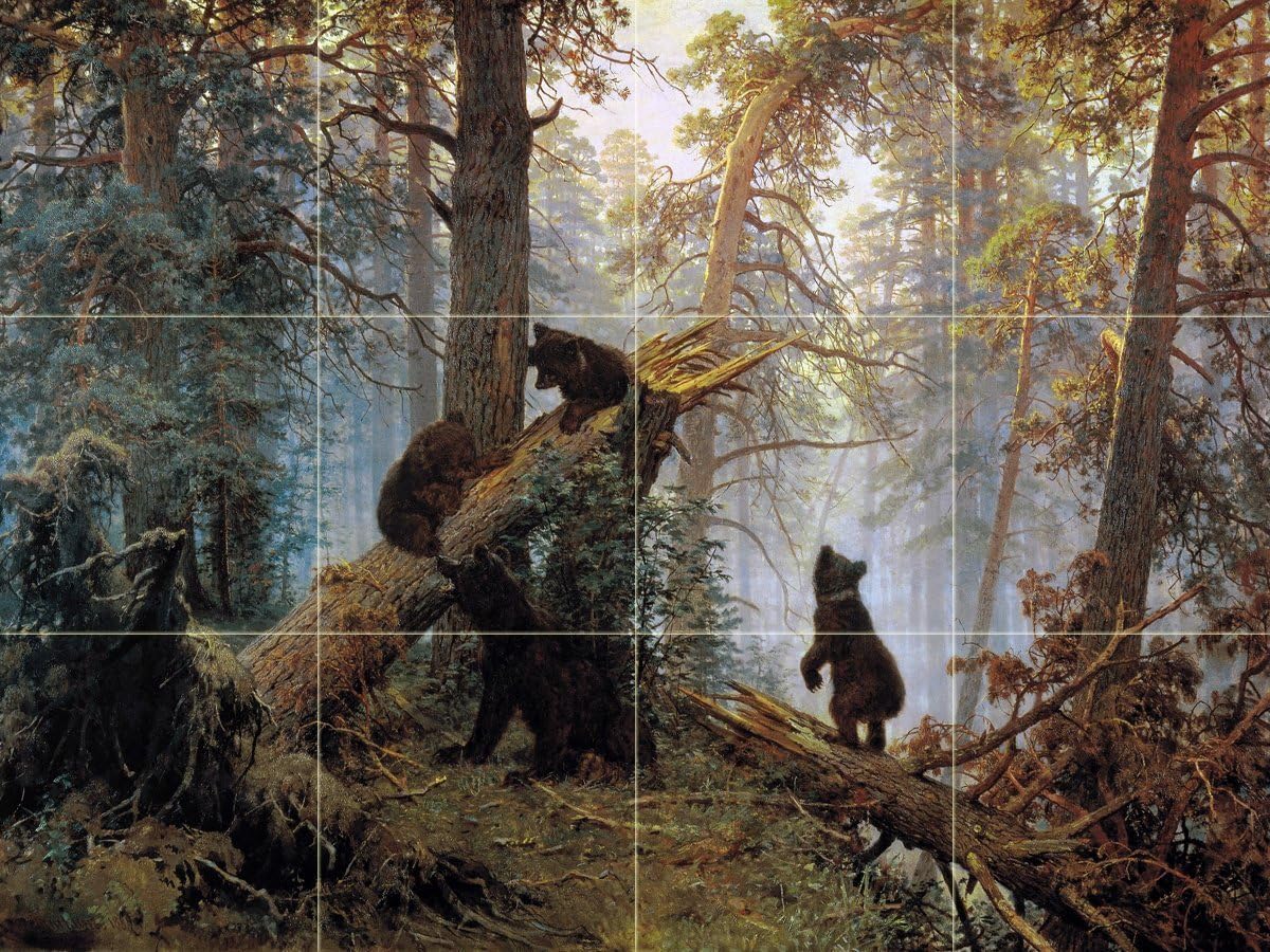 Morning in a Pine Forest by Ivan Shishkin Tile Mural Kitchen Bathroom Wall Backsplash Behind Stove Range Sink Splashback 4x3 4.25" Ceramic, Glossy