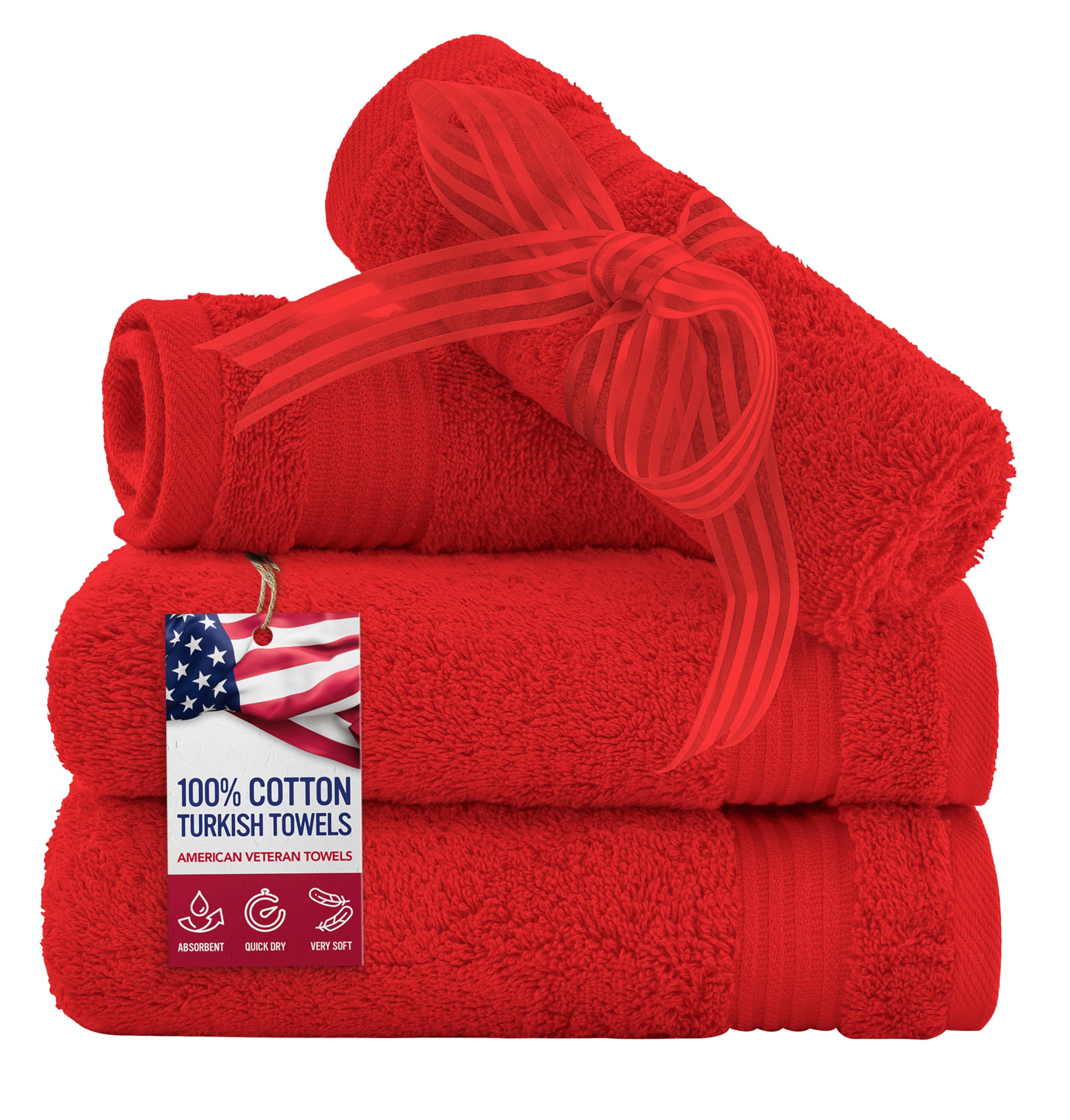 American Veteran Towel, 100% Cotton Turkish Washcloths for Bathroom Essentials 4 Pack, Soft Absorbent Wash Cloths Quick Drying Small Towels Washrags, Red