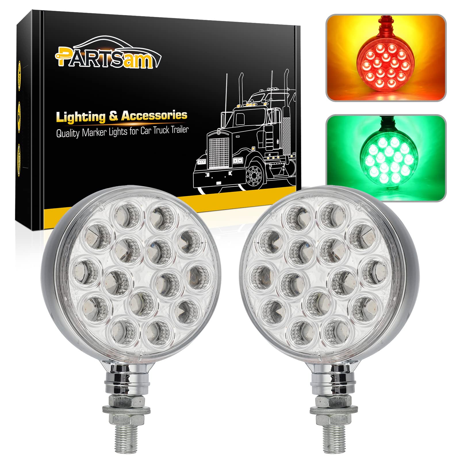 Partsam 2x 3 Dual Revolution Amber/Red/Green Round Double Face 30 Diode Marker/Turn Signal and Auxiliary Led Pedestal Light with Chrome Housing Sealed Replacement for Kenworth/Peterbilt/Freightliner