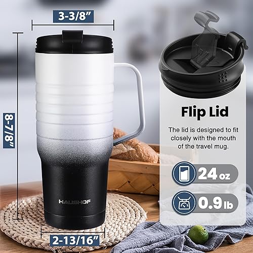 Miniatura 24 de HAUSHOF Taza de viaje de 24 onzas con asa, taza de café aislada al vacío de acero inoxidable, tazas de viaje de doble pared con tapa a prueba