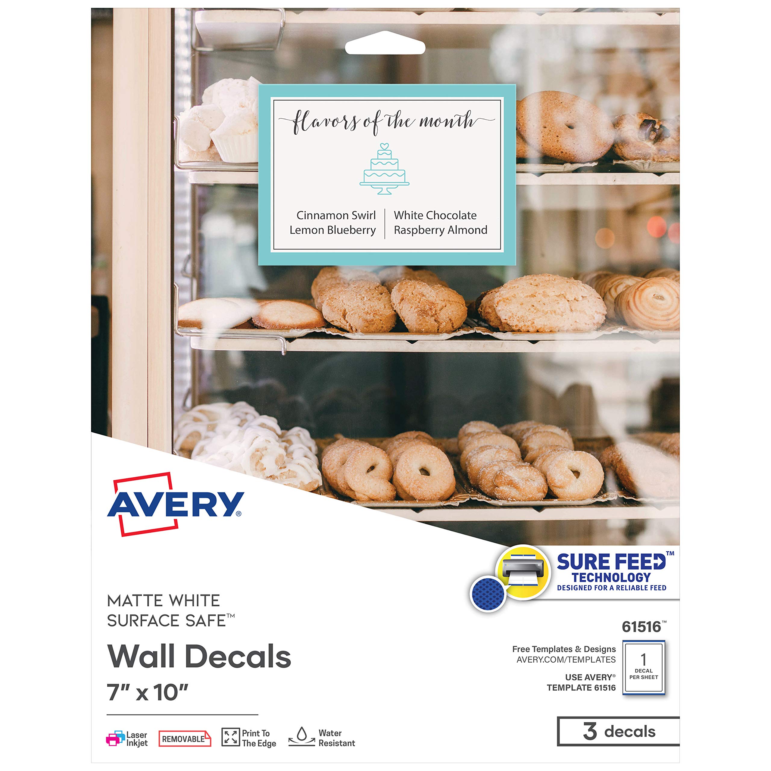Avery Surface Safe Wall Decals, 7" x 10", Removable Adhesive, Water & Chemical Resistant, 3 Labels (61516)