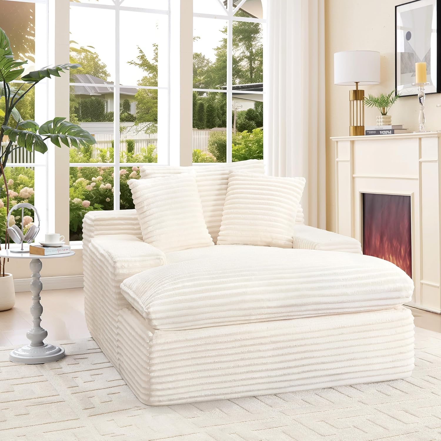 Dorlicecass 49.4 Inch Chaise Lounge Chair Indoor Single Piece- Oversized Corduroy Upholstered Sofa Bed with Armrests, Sleeper Couch Reading Chairs, Cloud Sofas Couches for Living Room (Beige)