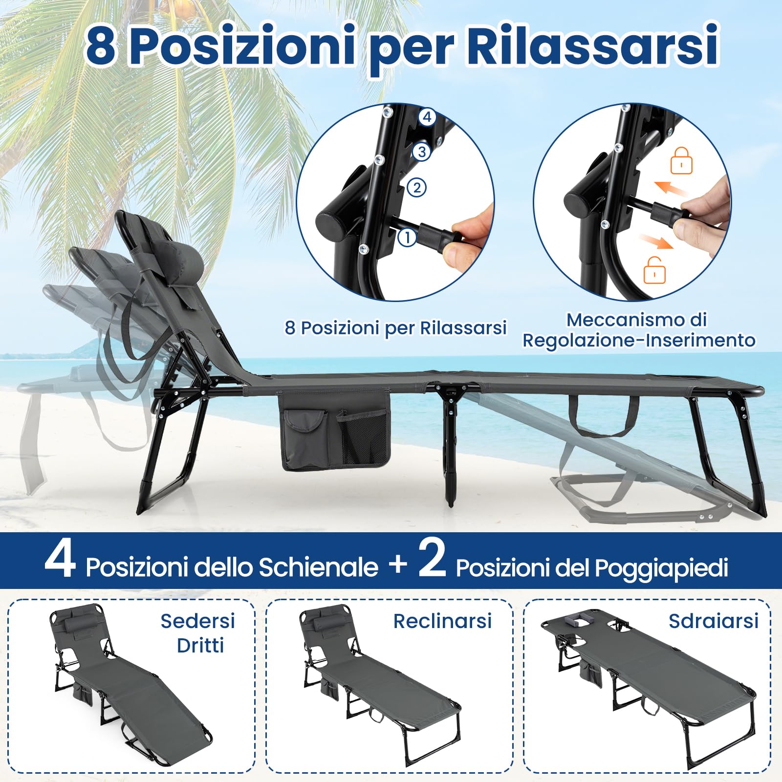 COSTWAY Lettino Prendisole da Spiaggia, Sdraio Mare Pieghevole Portatile con Foro per Viso e Braccia, Cuscino e Tasche Laterali, Schienale Regolabile 4 Posizioni, Portata 150 kg (Grigio)