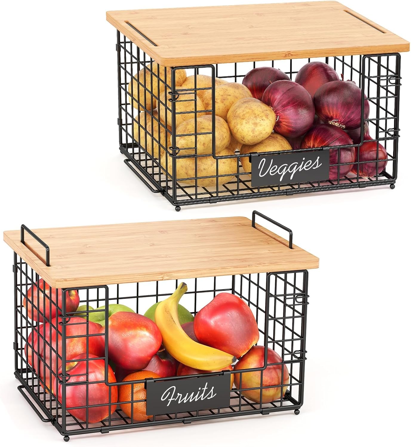 keomaisyto 2 Pack Stackable Wire Baskets with Bamboo Top for Pantry Organizers and Storage, Kitchen Organization Counter Basket for Vegetable, Fruit, Produce, Bread, Potato and Onion Storage Bins