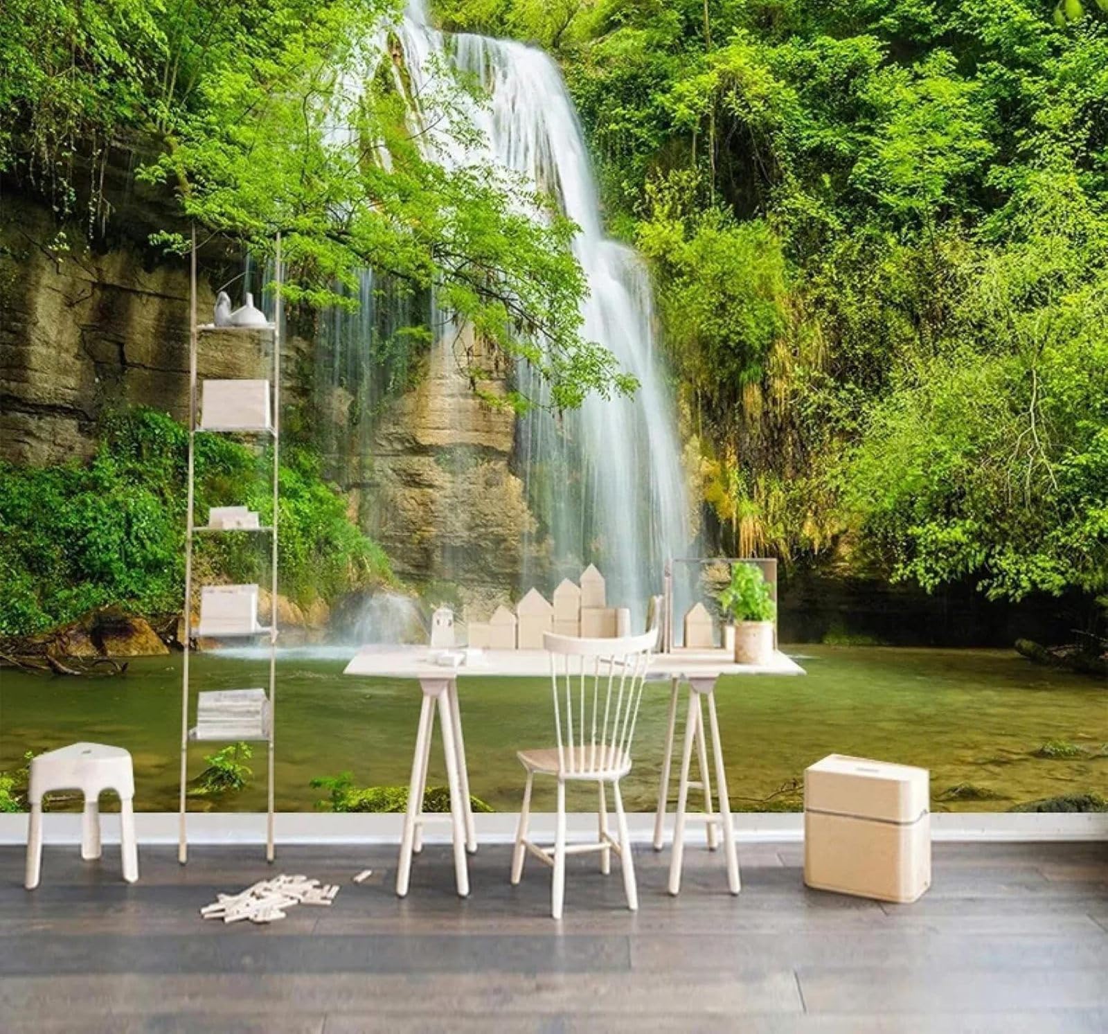 XLMING Fresh Green Forest Waterfall Scenery 3D Wallpaper Premium Textured Silk Study Dining Living Room Bedroom Sofa TV Wall Easy Install-430cm×300cm