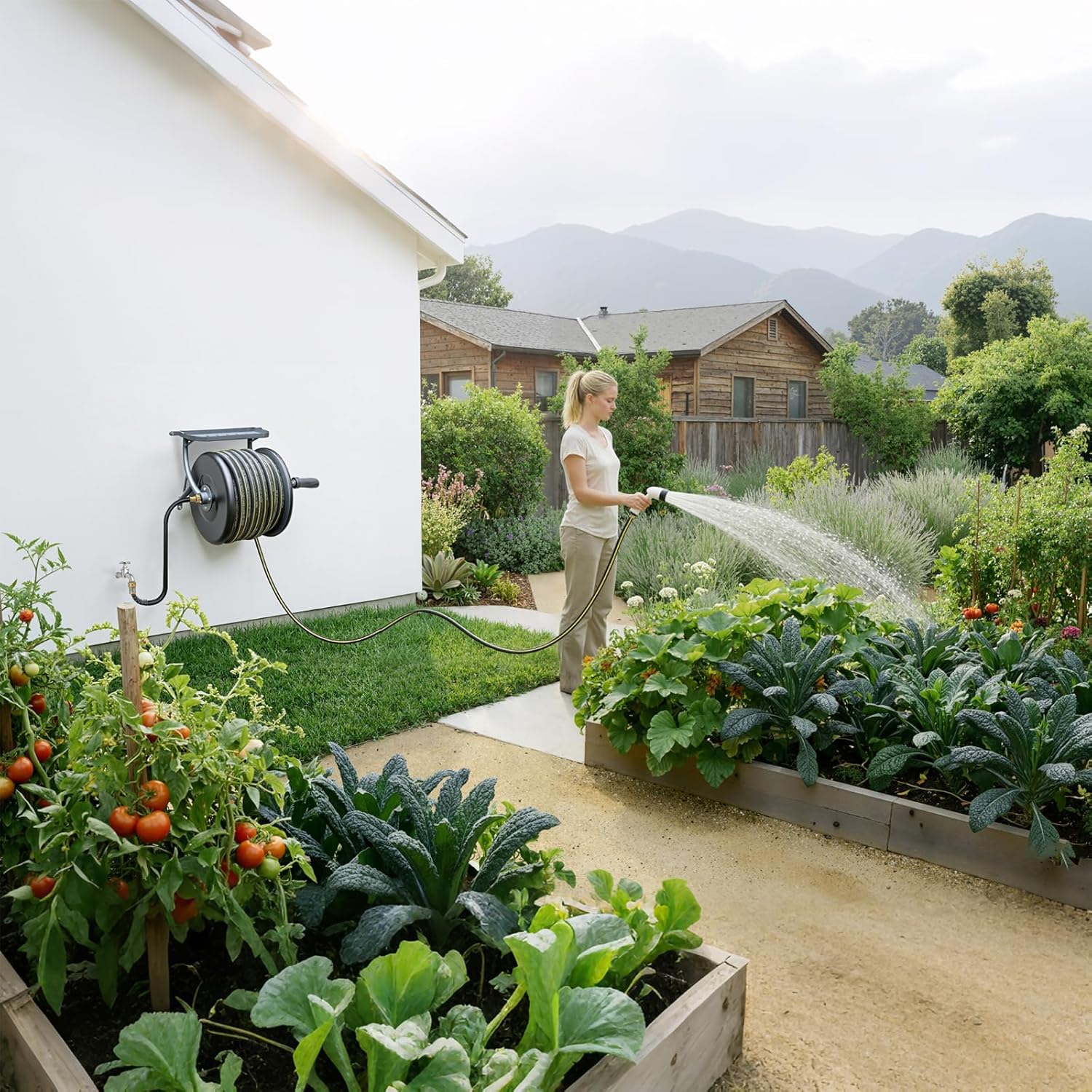 Heavy Duty Wall Mounted Garden Hose Reel – Durable Steel Construction, Come with 130ft Rubber Garden Hose & 5ft Lead-in Hose, Brass Fittings, Easy Crank Handle, Weather Resistant