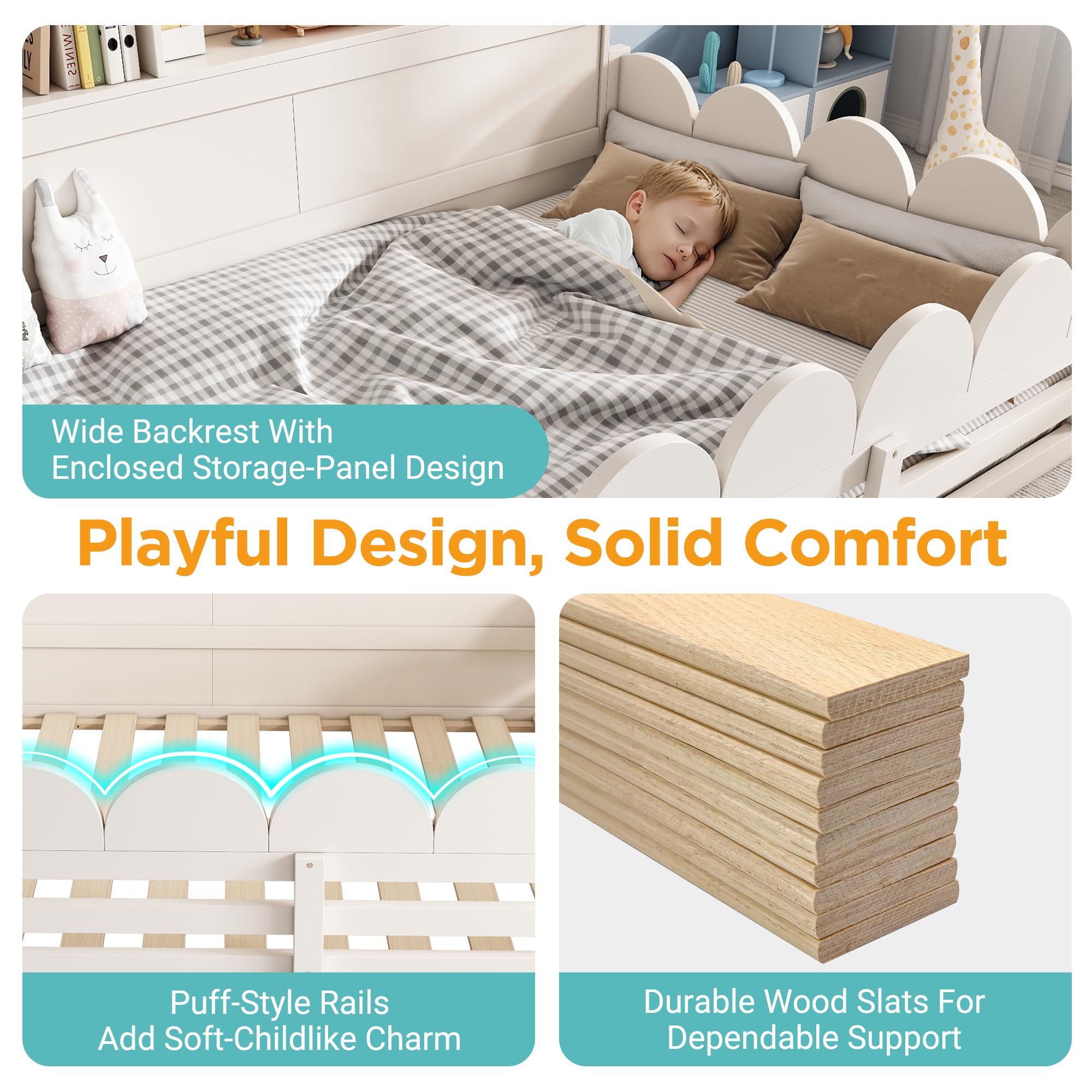 Montessori Letto a Terra per Bambini 140x200cm con Mensola, Protezione Anticaduta e Sportello, Letto Piazza e Mezza per Bambini, Strutture letto in legno di Pino per Cameretta ragazzi (Senza Materasso