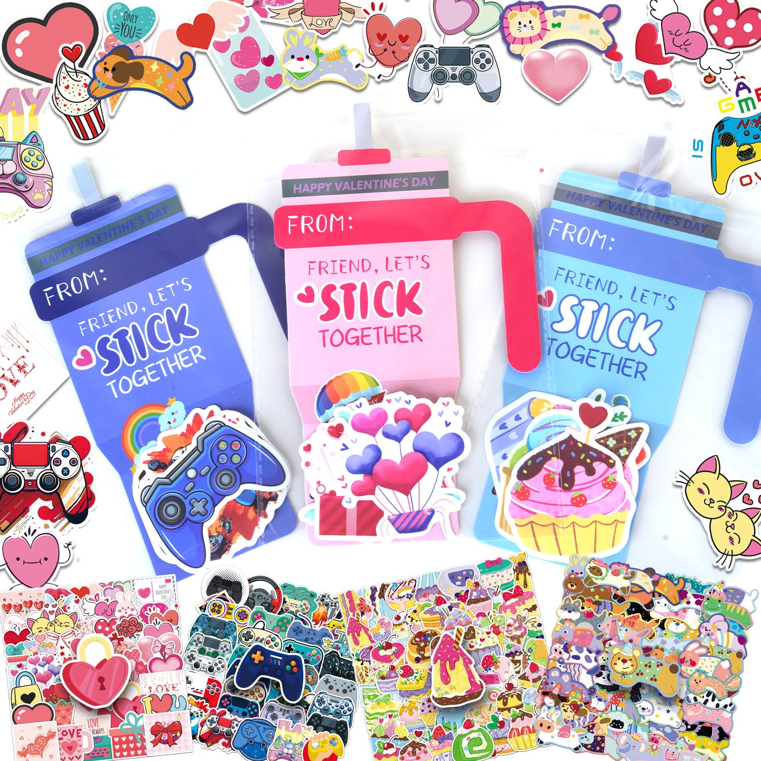 48 Pack Valentines Day Cards for Kids School with 200PCS Valentines Stickers, Happy Valentines Cards for Kids Classroom Exchange for Boys Girls Goodie