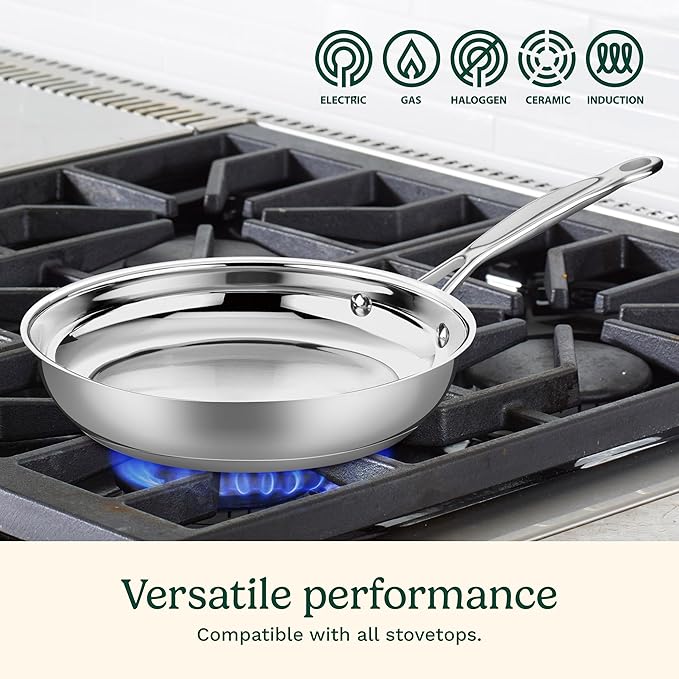 Both skillets in the set feature an aluminum-encapsulated base, which helps in quick and even heating, reducing hotspots that can lead to burning. This design is especially beneficial for tasks ranging from searing and browning to sautéing and frying. The skillets come with a tapered rim for drip-free pouring, adding convenience to the cooking process. Moreover, the stainless steel handles are riveted for stability and designed to stay cool on the stovetop, enhancing safety during use.