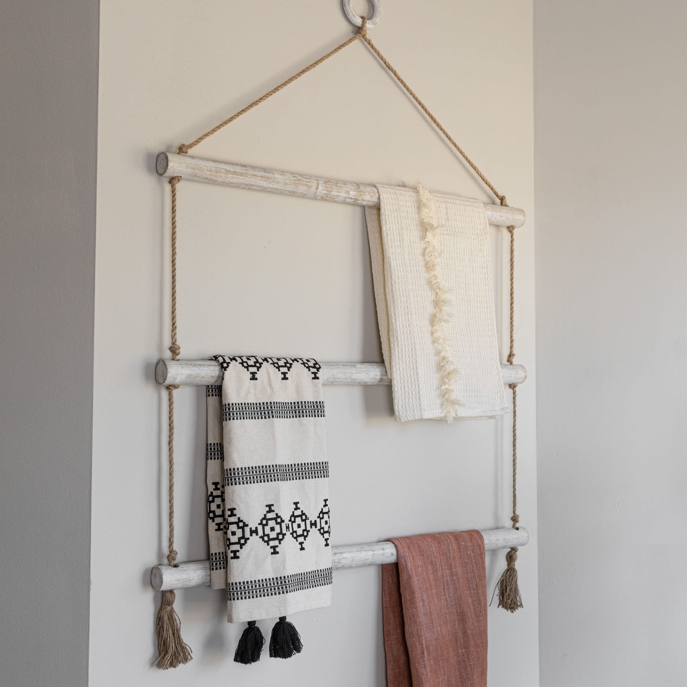 Foreside Home and Garden Hanging Blanket Ladder White Wood & Jute by Foreside Home & Garden