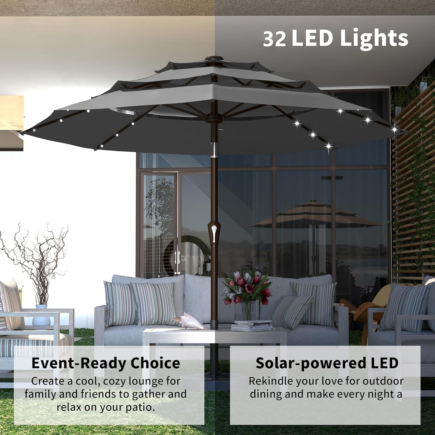 Kingdura 10ft Patio Umbrella with Solar Lights, 3 Tier Outdoor Table Umbrella with Mobile Base Included, Easy Crank & Tilt, 8 Sturdy Ribs, UV Protection, 32 LED Lights for Deck, Poolside (Grey)