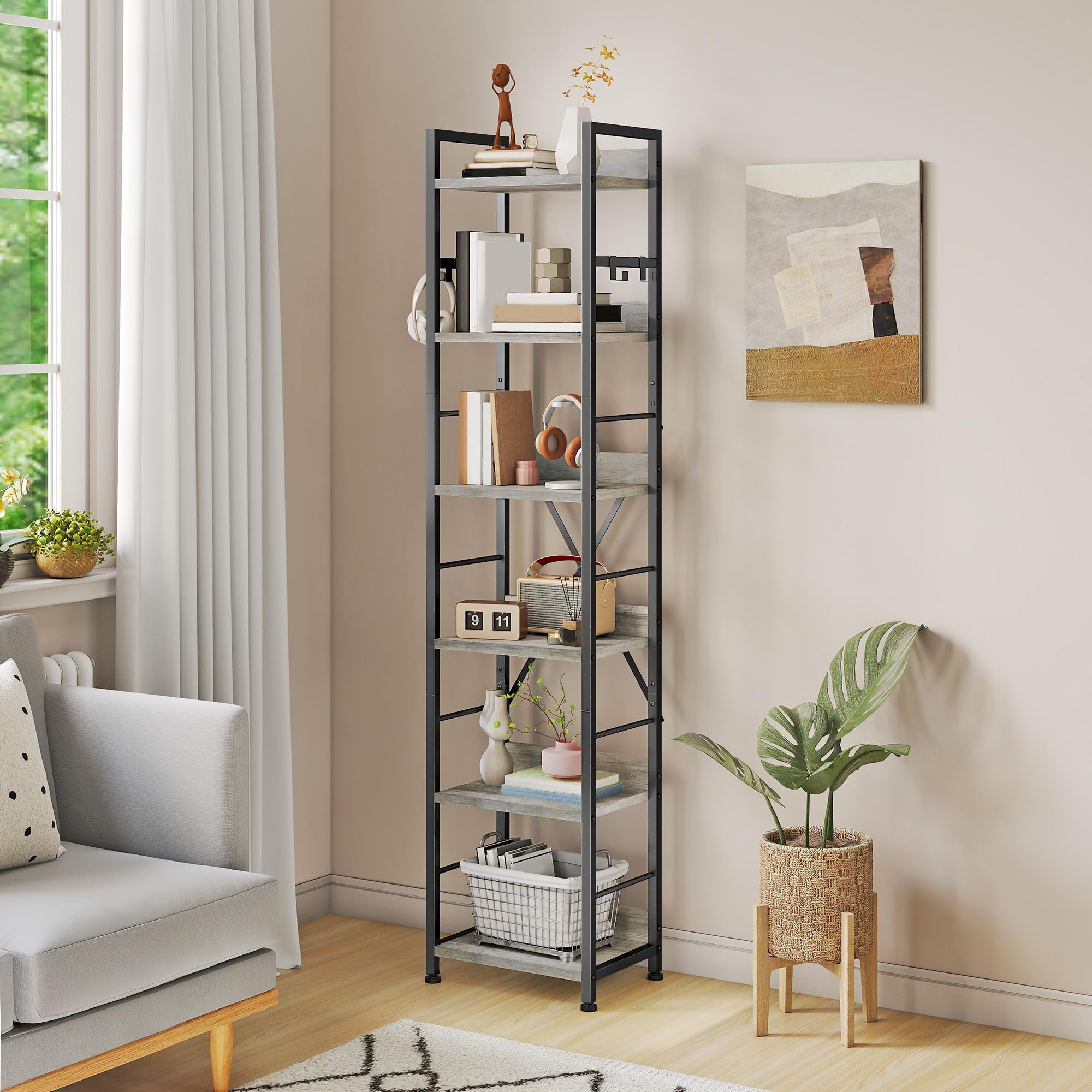 YITAHOME Bücherregal mit 6 Ebenen, Industrielles Standregal, Metallrahmen und Holzregale, Hohes Lagerregal mit 4 Haken, Präsentationsorganizer, für Wohnzimmer, Heimbüro, Grau Regal