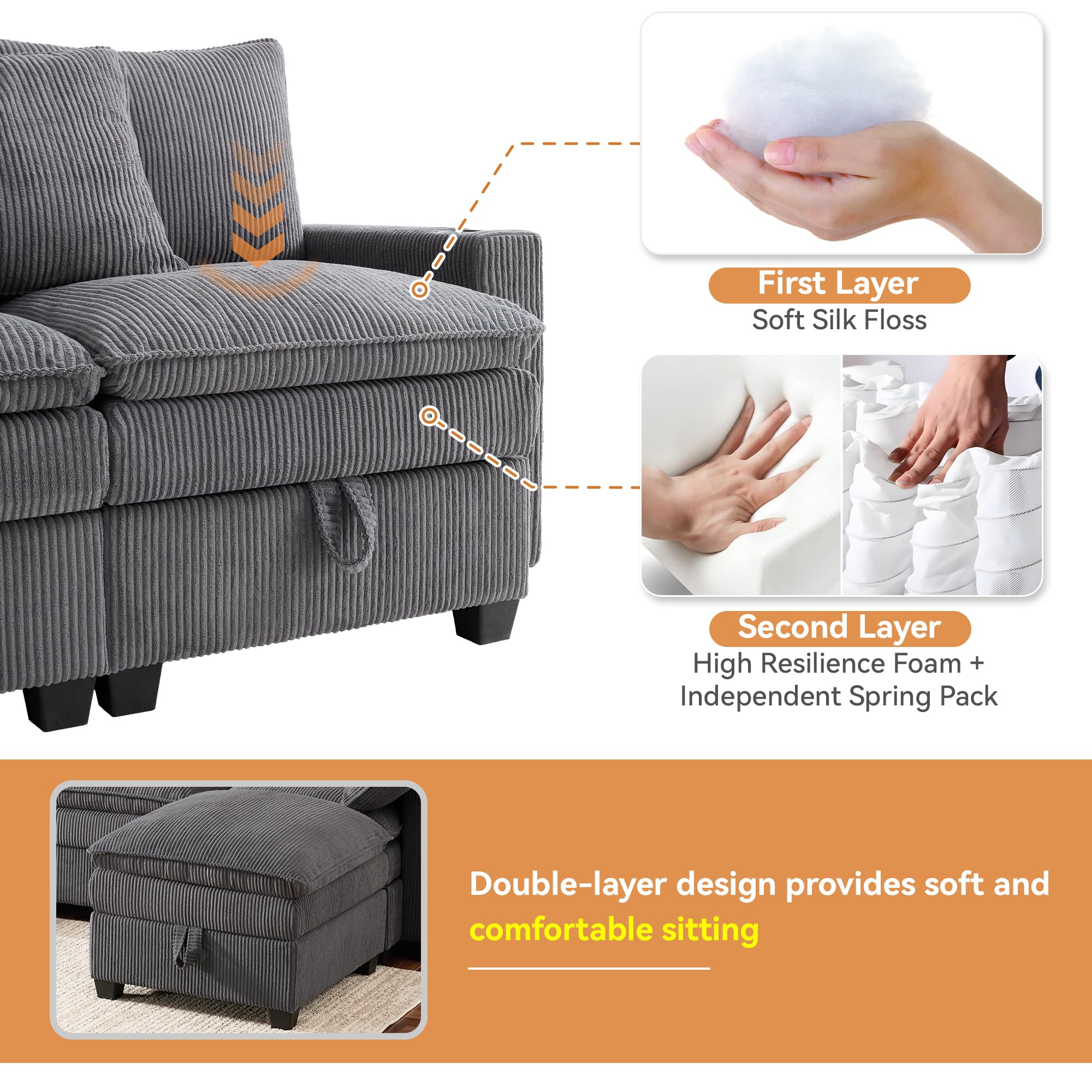 Yihomfy Canapé d’Angle Modulable en L/U 280 cm, 6 Places avec Repose-Pieds Amovible, Rangement, Porte-gobelet,Canapé Profond pour Salon, Canapé Convertible de Salon Moderne,Gris