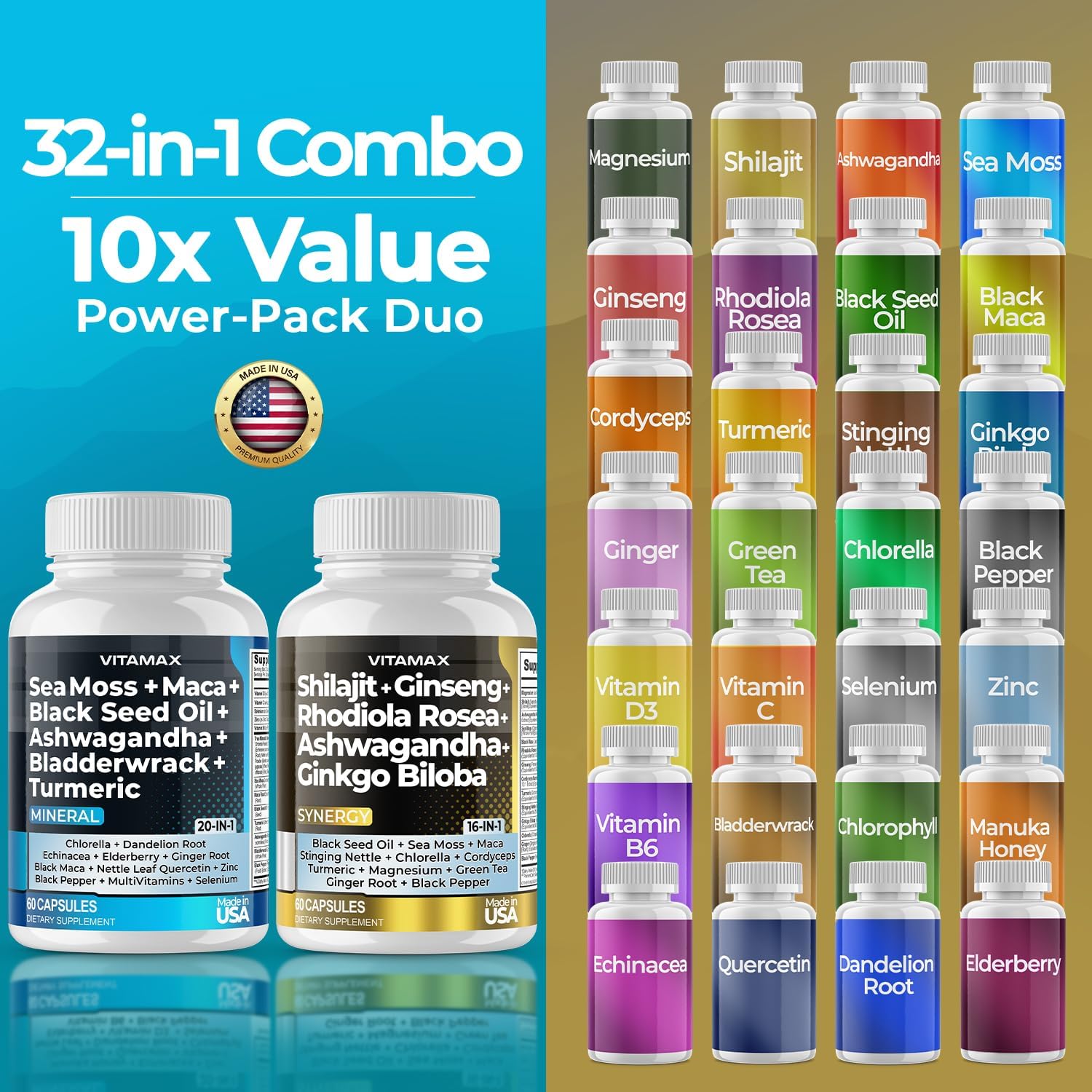 Vitamax Pure Himalayan Shilajit Supplement, Sea Moss, Ashwagandha, Bladderwrack, Gingko Biloba, Organic Capsules & Trace Mineral for - Non-GMO - Vegan - Men and Women – Made in USA
