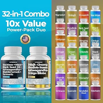 Vitamax Pure Himalayan Shilajit Supplement, Sea Moss, Ashwagandha, Bladderwrack, Gingko Biloba, Organic Capsules & Trace Mineral for - Non-GMO - Vegan - Men and Women Made in USA