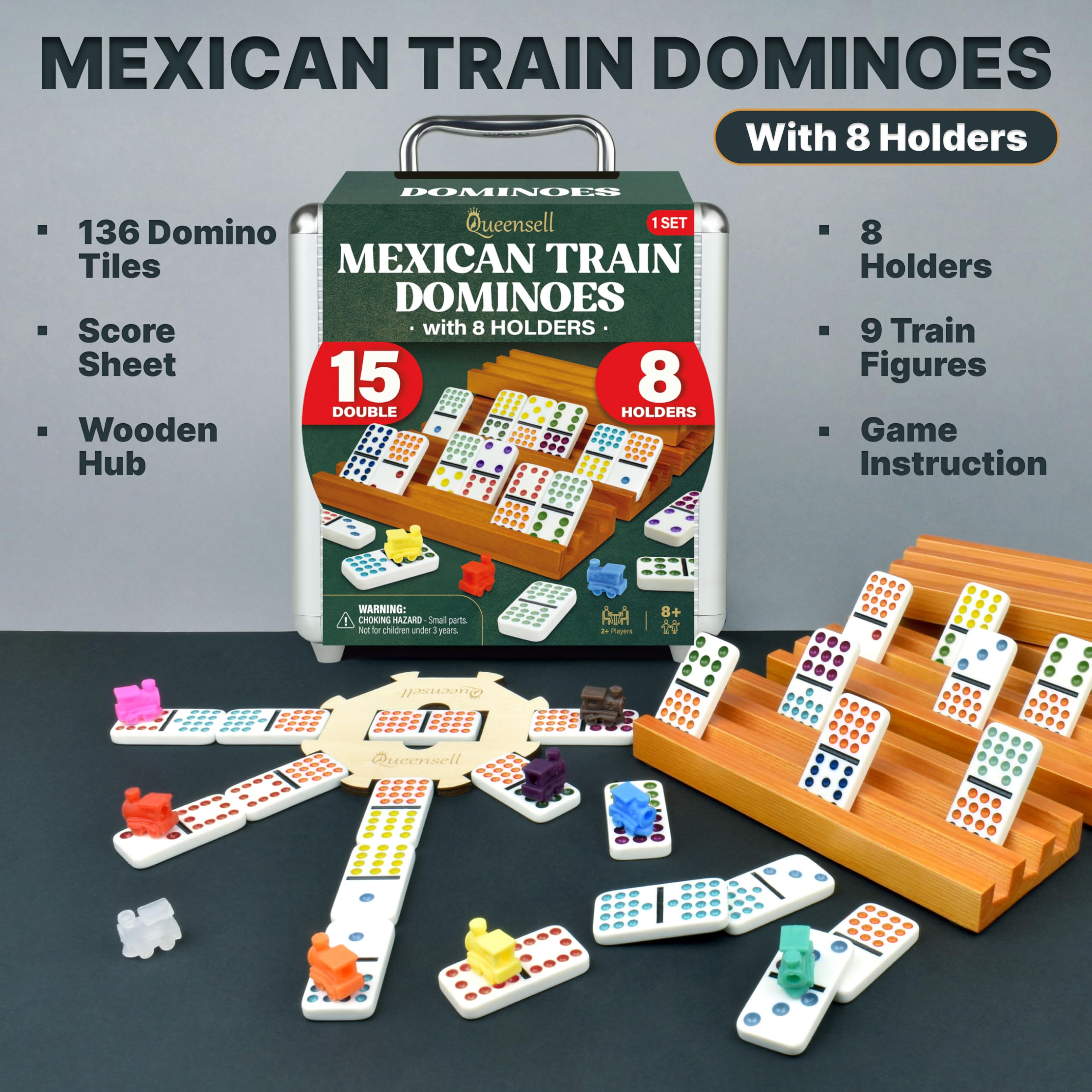 Queensell Mexican Train Dominoes Set Double 15 with 8 Holders - Wooden Hub and Stone Holder - Double 15 with Dots (D15 + 8 Holders) - Image 2
