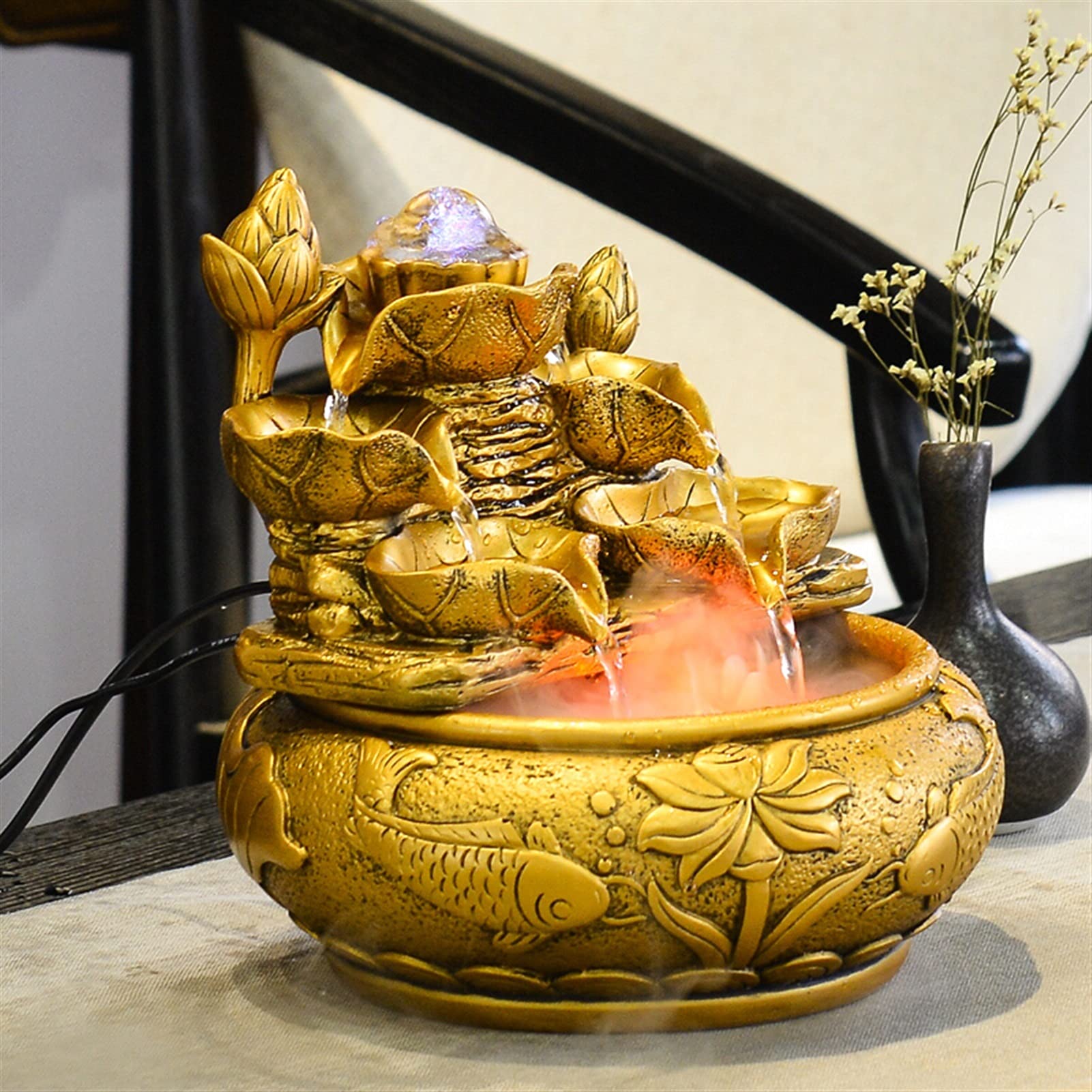 Fuentes de mesa Fuente de agua de escritorio de resina Fuente de feng shui de la suerte Ornamento de interior - Sonido de agua calmante y relajante - para la decoración de la mesa de la oficina en