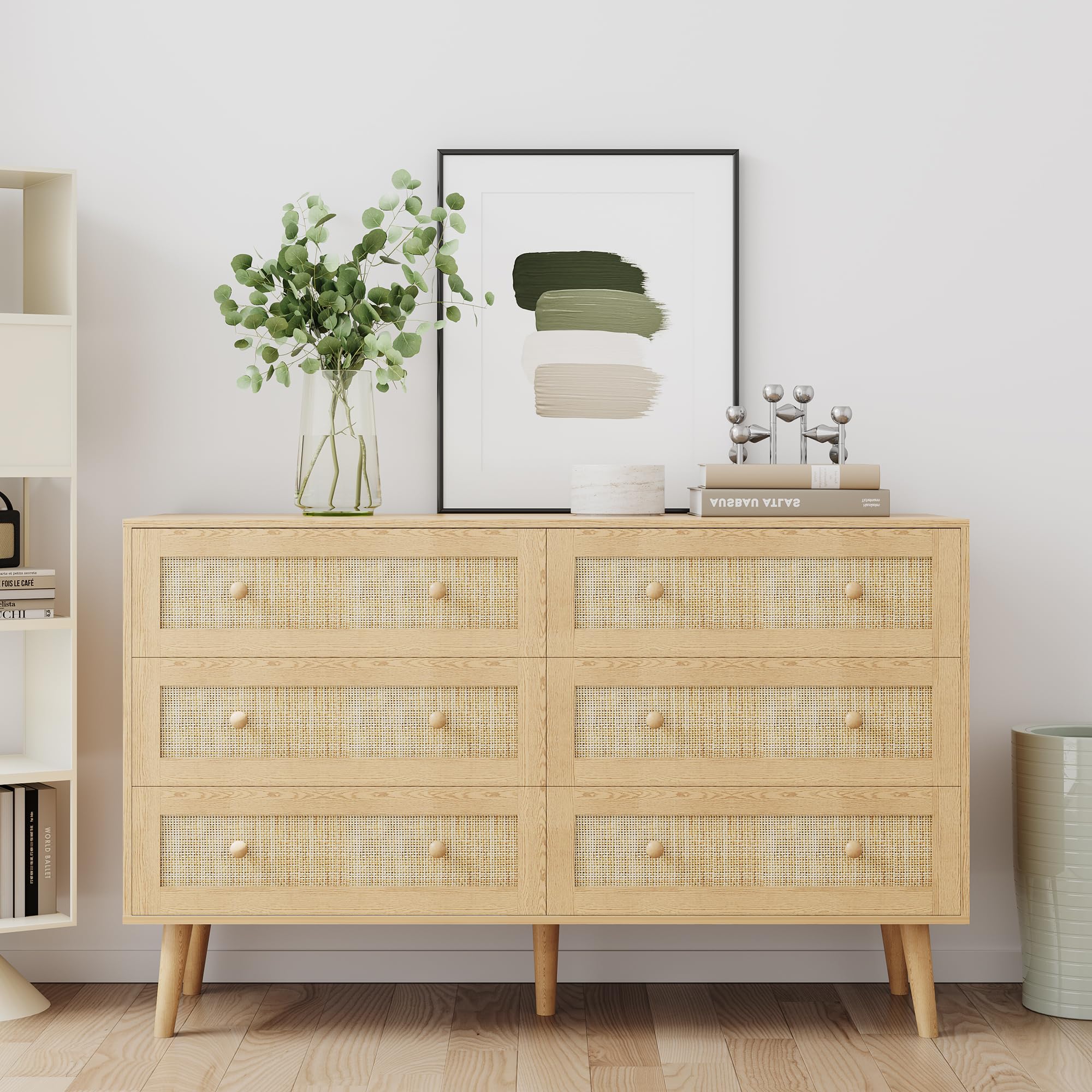 6 Drawer Double Dresser for Bedroom, Rattan Chest of Drawers Dressers, Modren Boho Wood Dresser, Dresser TV Stand, Natural Beside Table for Closet, Living Room and Entryway