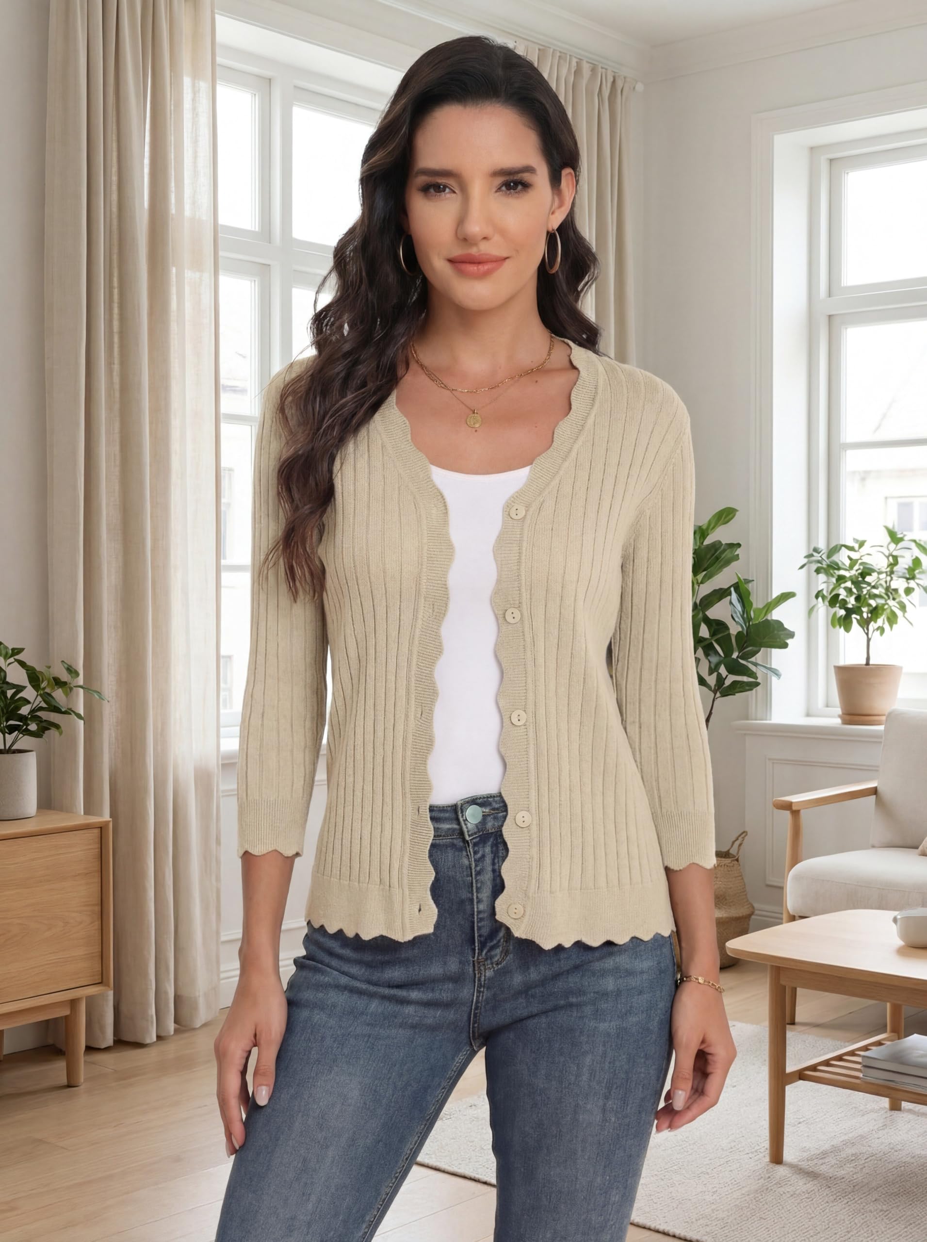 GRECERELLE Cárdigan para mujer con manga 3/4, elegante cárdigan con dobladillo ondulado, cuello en V, chaqueta ligera de punto acanalado para verano y entretiempo