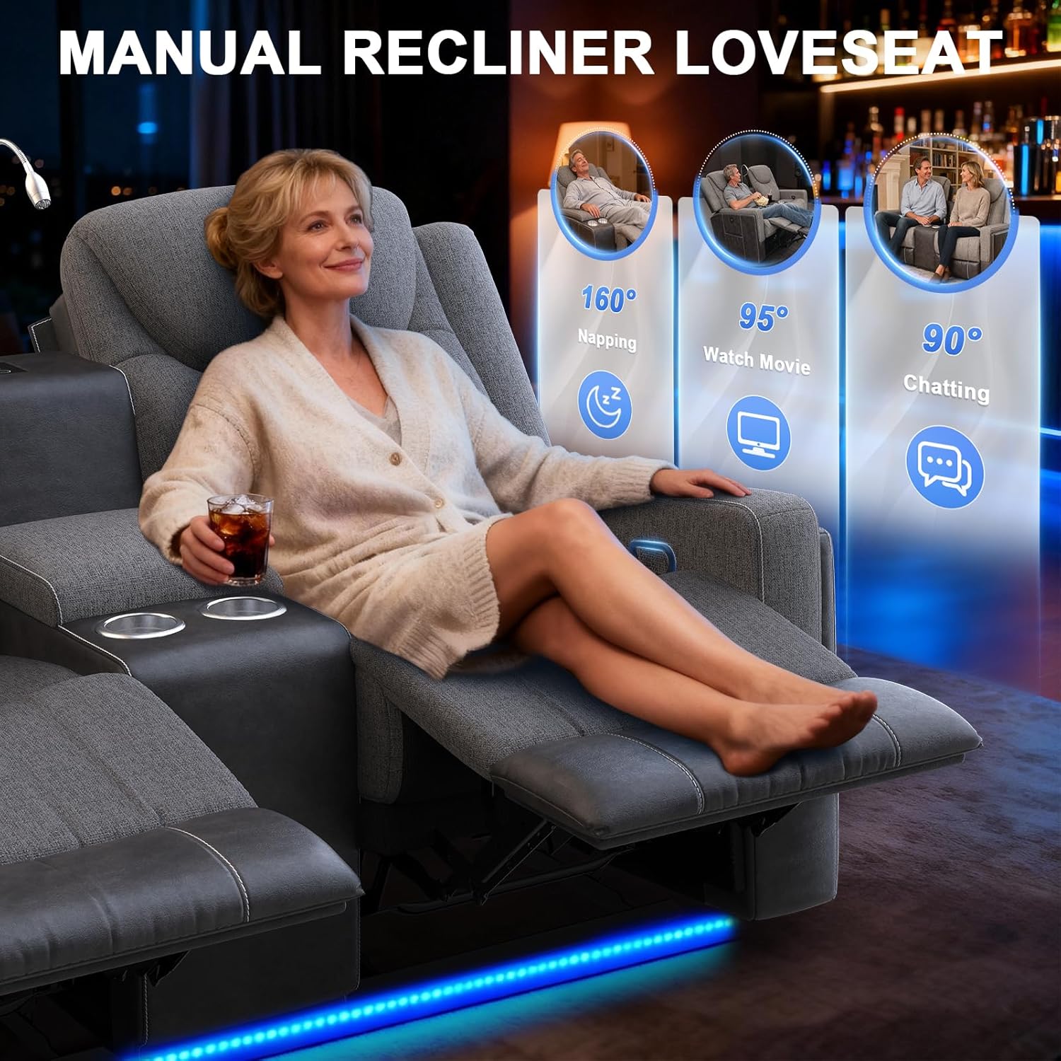 Manual Loveseat Recliner Sofa, Home Theater Seating with Touch Reading Light, Console with Cup Holders & Storage, USB Ports, 2 Seater Reclining Couch for Living Room, RV, Home Theater