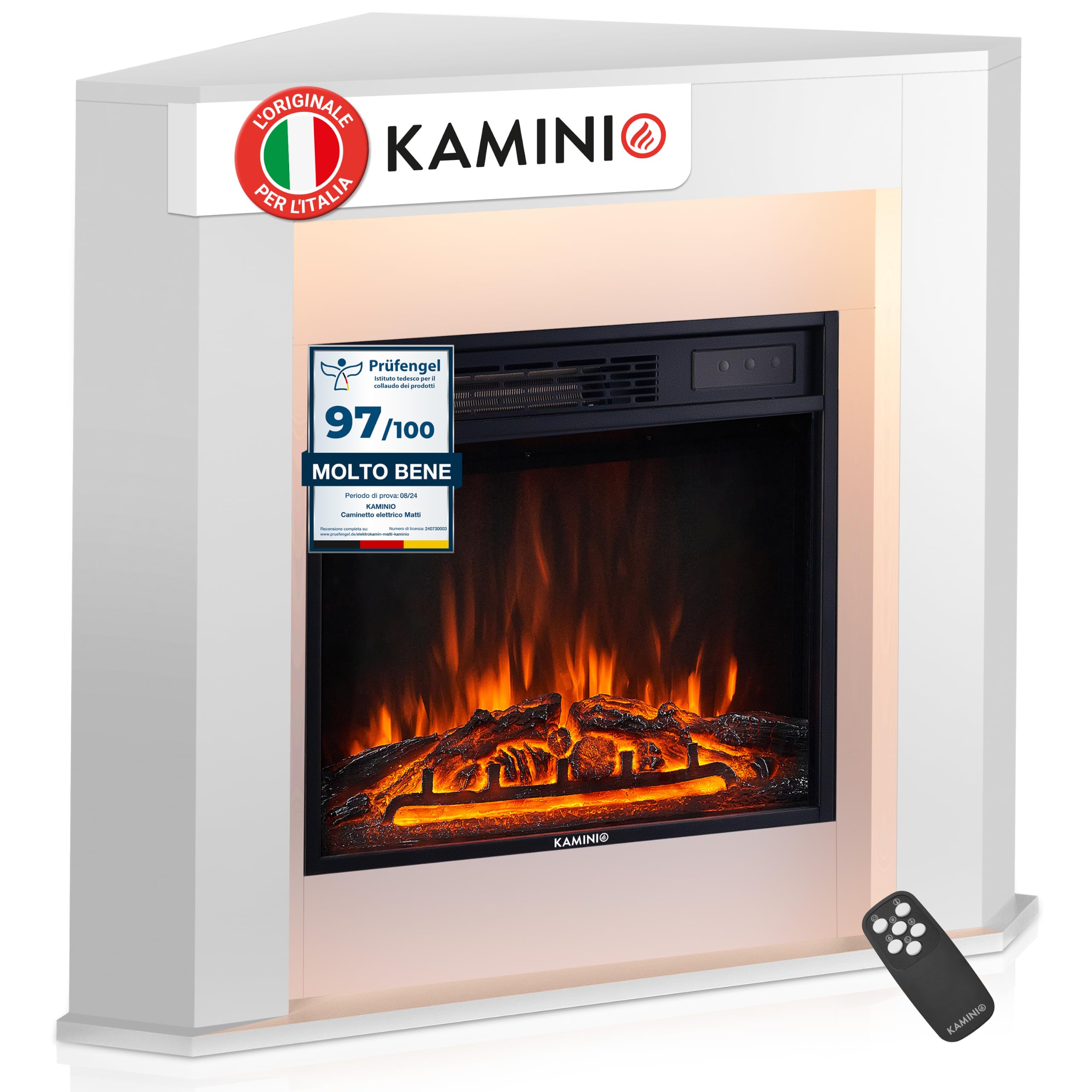 KAMINIO® Matti ANGOLARE Bianco Camino elettrico da appoggio | Caminetto elettrico da terra decorativo, termocamino con effetto fuoco 3D, LED d'ambiente, timer, termostato e telecomando