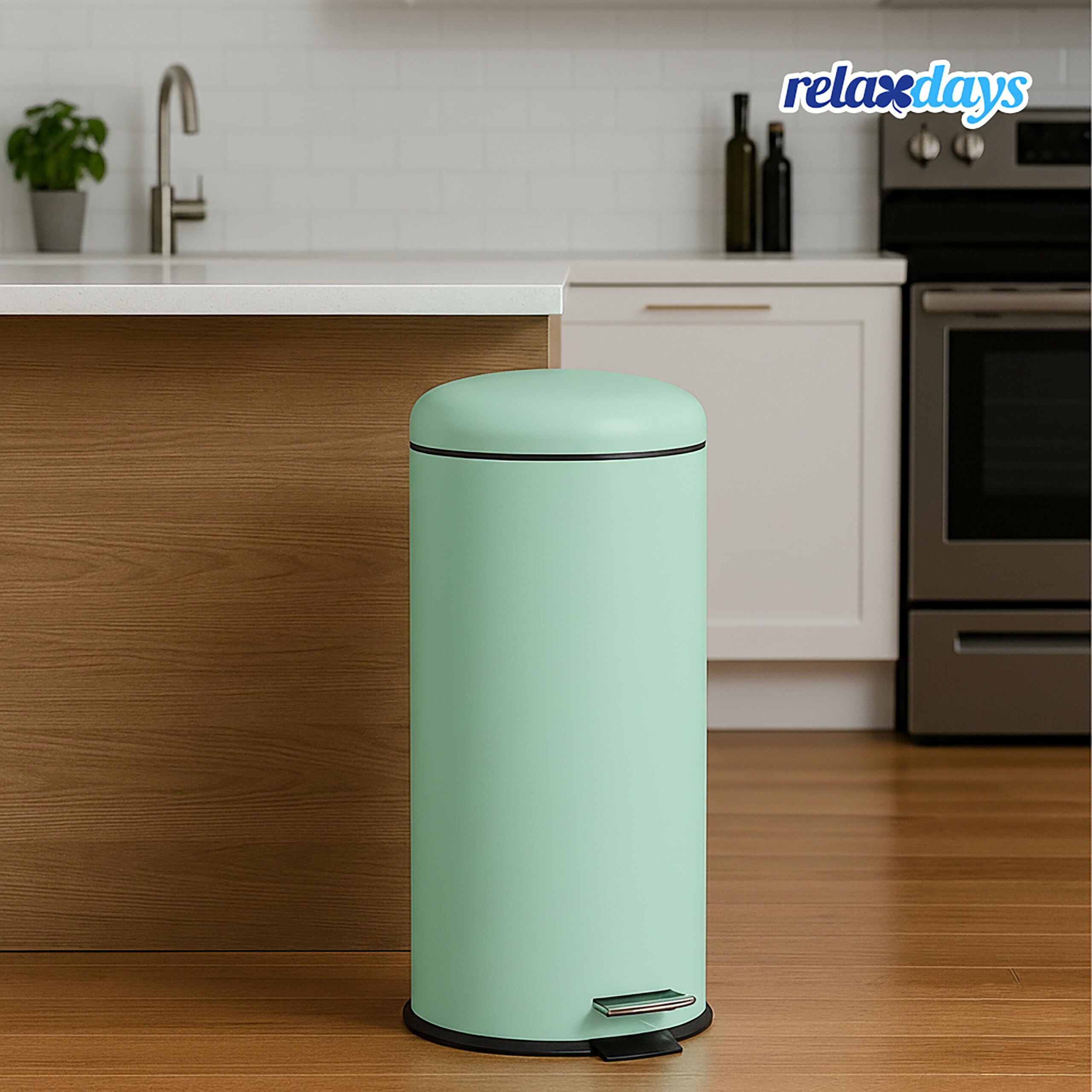 Relaxdays Mülleimer 30 Liter, Küchenabfalleimer mit Absenkautomatik, Henkel & Trittpedal, runder Papierkorb, Mint