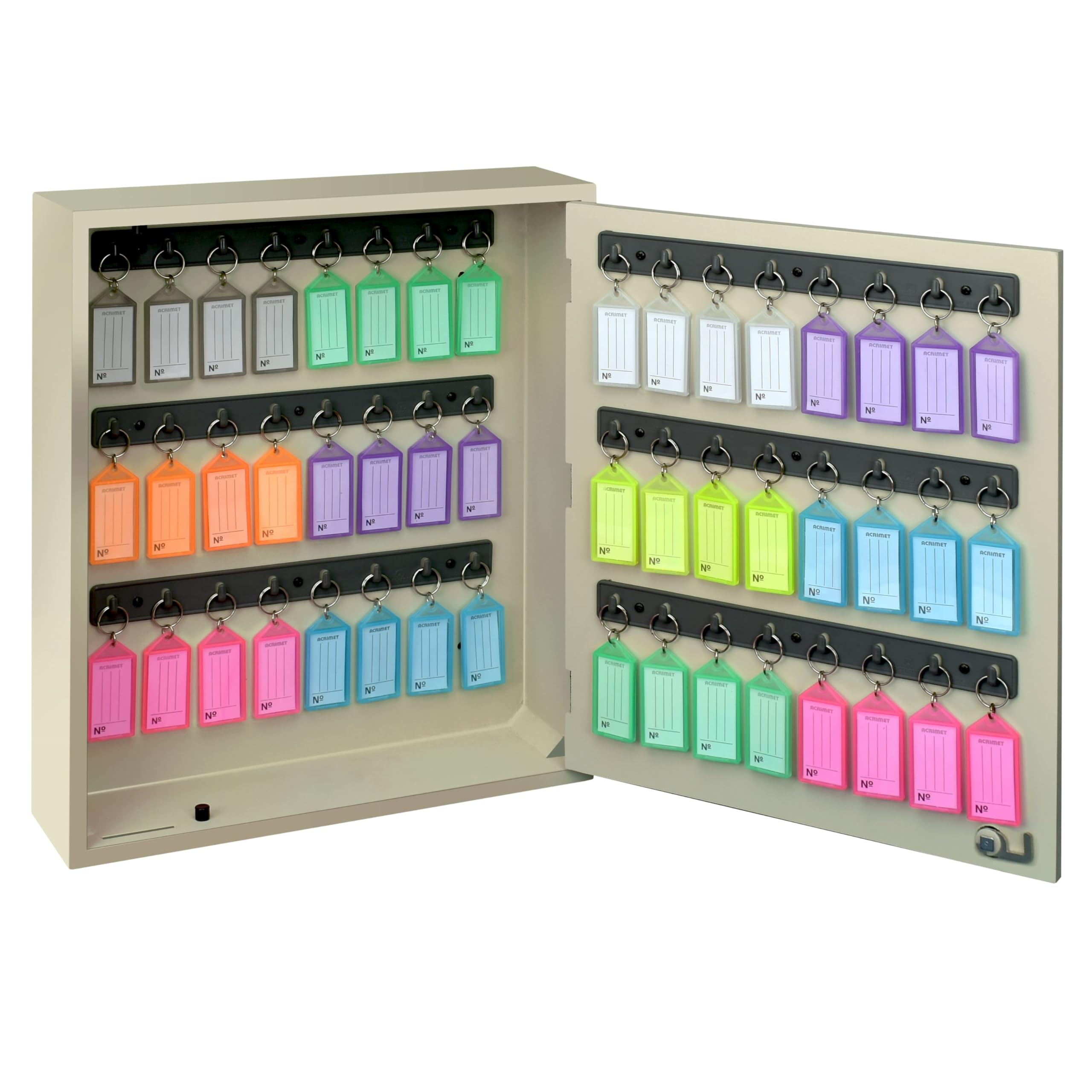 Acrimet Mobiletto Portachiavi per 48 Chiavi con Serratura (da Muro) (48 portachiavi multicolor inclusi) (mobiletto beige)