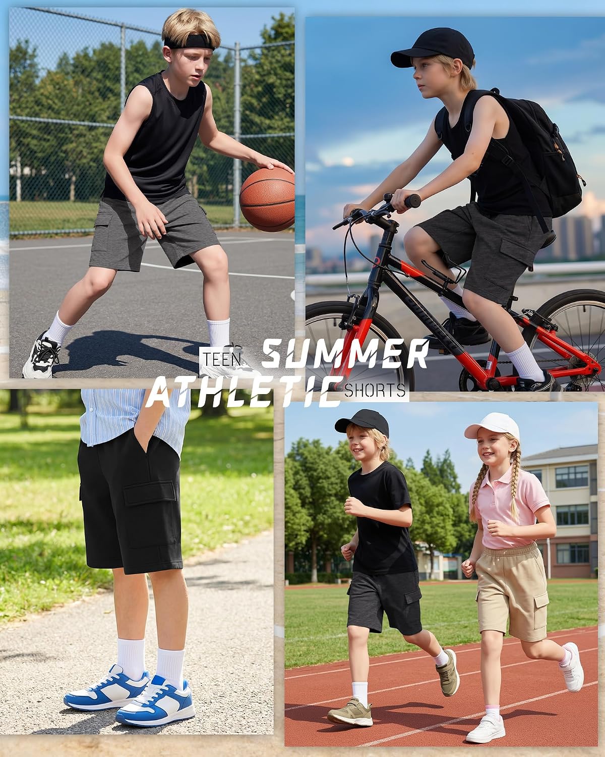 3 Pack Boys' Cargo Shorts Wide Leg Elastic Waist Kids Athletic Basketball Sweat Short with Multi Pockets 5-16Years