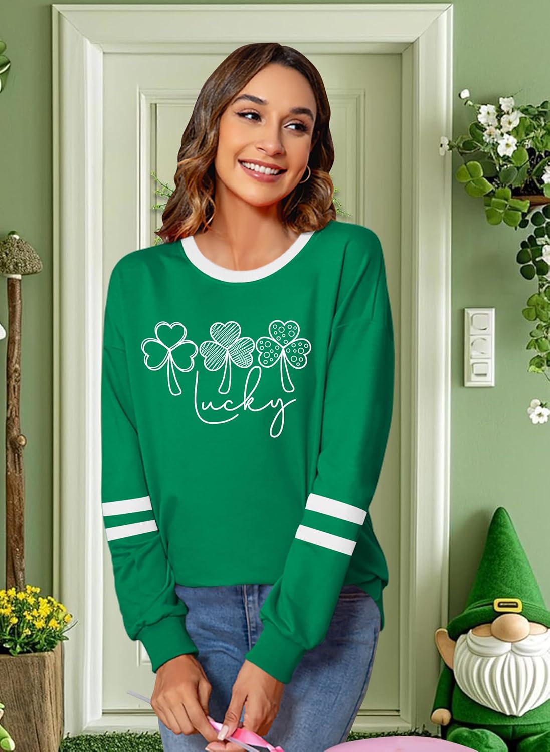 St. Patrick Day Shirt for Women: Lucky Shamrock Sequin Green Long Sleeve Tee Saint Patrick's Day Irish Graphic Tops - Image 4