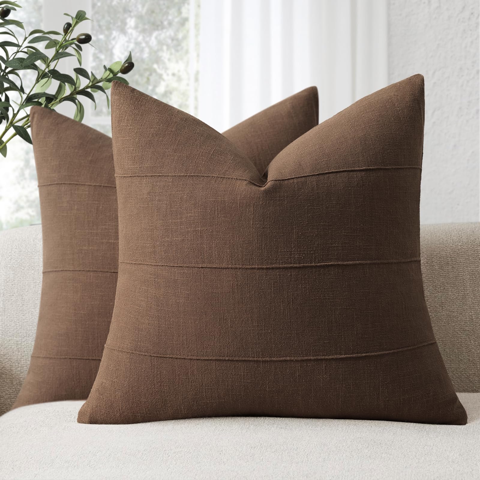 ZWJD Decorative Linen Cushion Covers 45x45 Set of 2, Solid Handcrafted Striped Throw Pillow Covers, Soft Modern Farmhouse Neutral Cushion Covers for Sofa, Bedroom, Living Room, Home Decor (Brown)