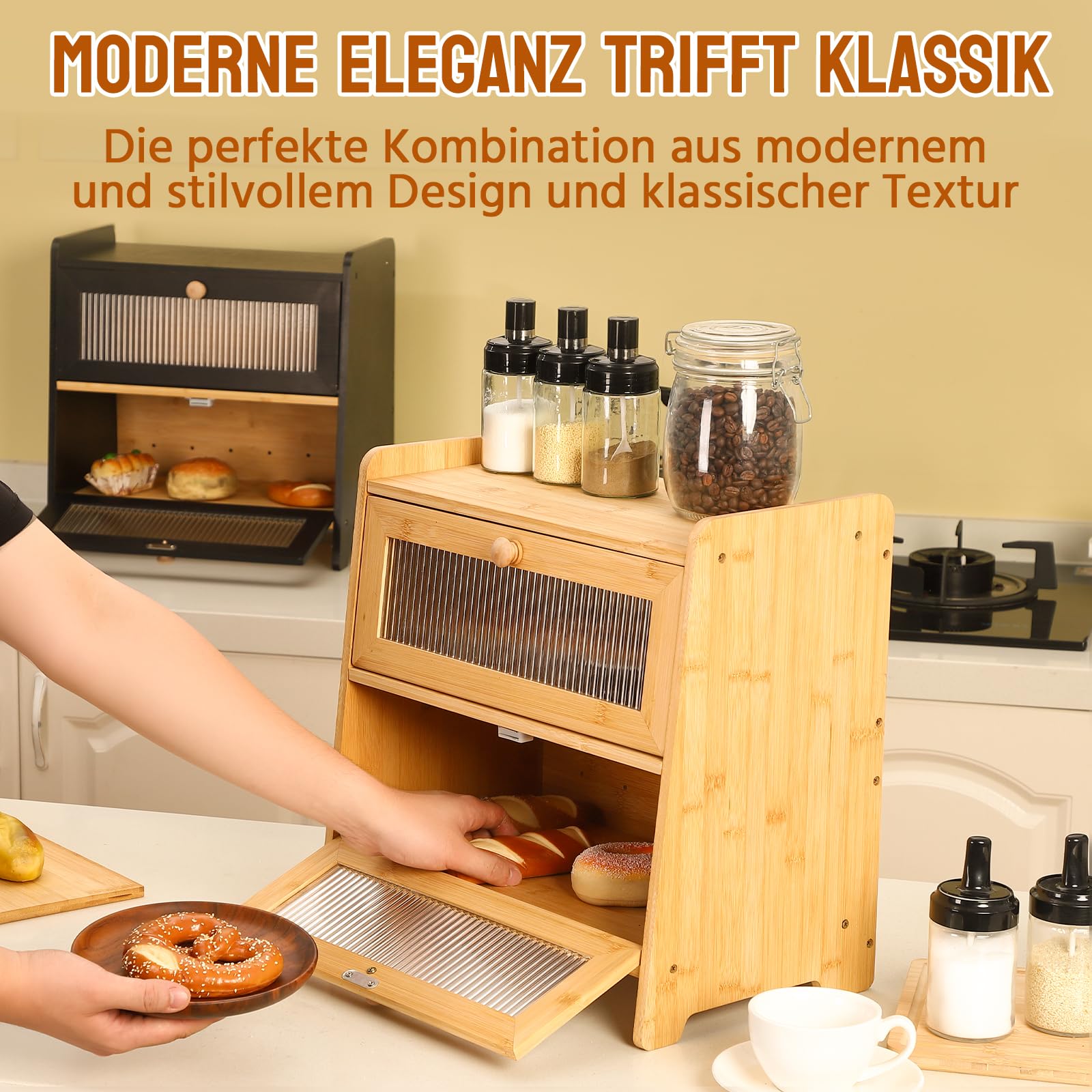 HAUSPROFI Brotkasten Bambus 2 Etagen, Brotkästen Holz mit Schneidebrett Belüftung Gewelltes Sichtbares Fenster, Elegant Brotbox Küche zur Brotaufbewahrung, Bread Box 40x25x40cm Groß