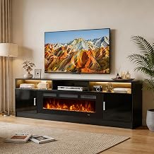 70" Fireplace TV Stand with Power Outlet, Electric Fireplace Entertainment Center with Storage Cabinets, Fits TVs up to 80", TV Console with LED Lights for Living Room, Office, Black-Black