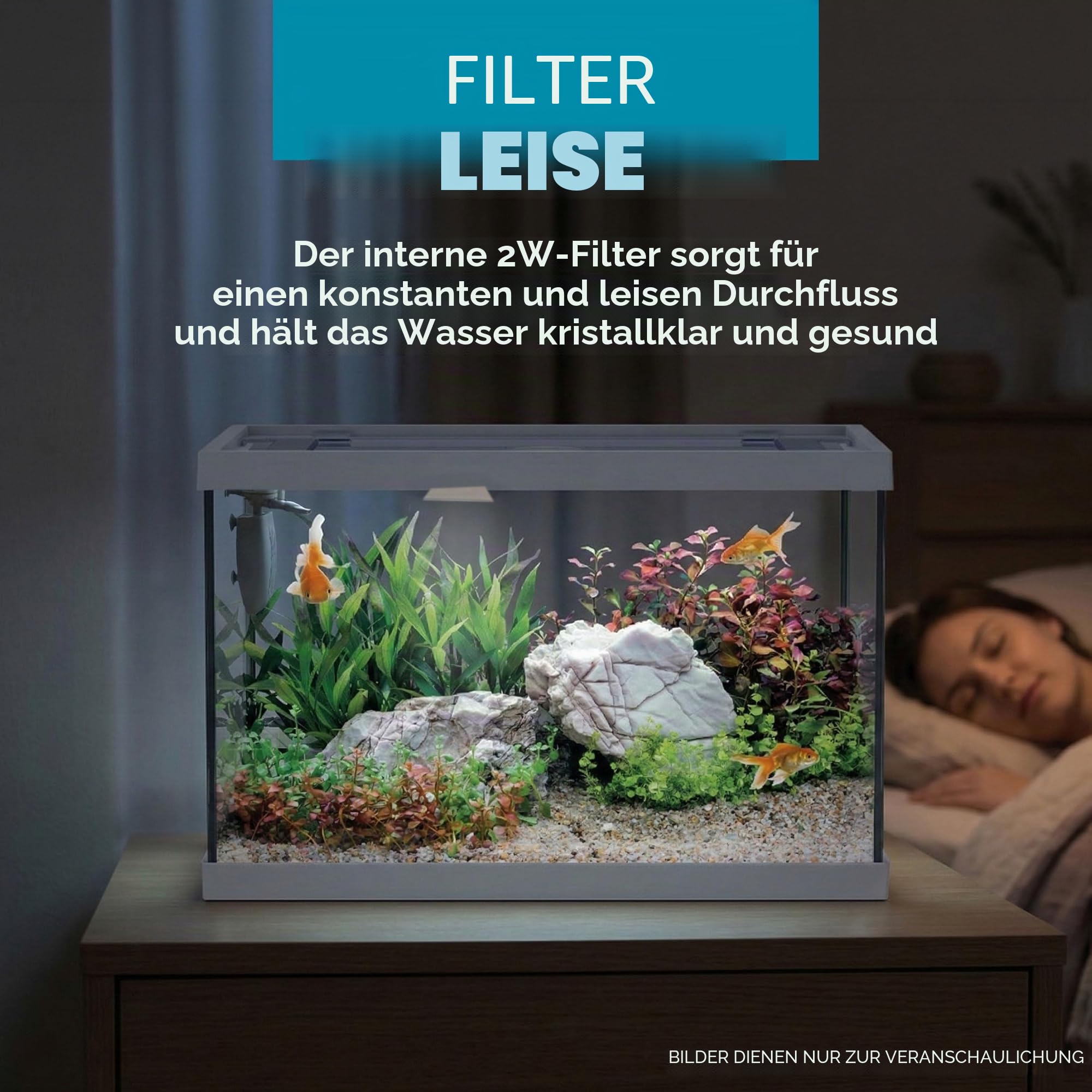 AQPET One Mini Aquarium aus Glas weiß 20 Liter - komplettes Aquarium mit Innenfilter, Sand, Zierpflanze und Hintergrund - Elegantes Design 36x22x26 cm, ideal für Anfänger