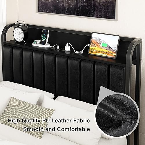 Miniatura 6 de VECELO Base de cama individual, cabecera tapizada de almacenamiento con estación de carga, marco de cama de plataforma, listones de metal Negro y