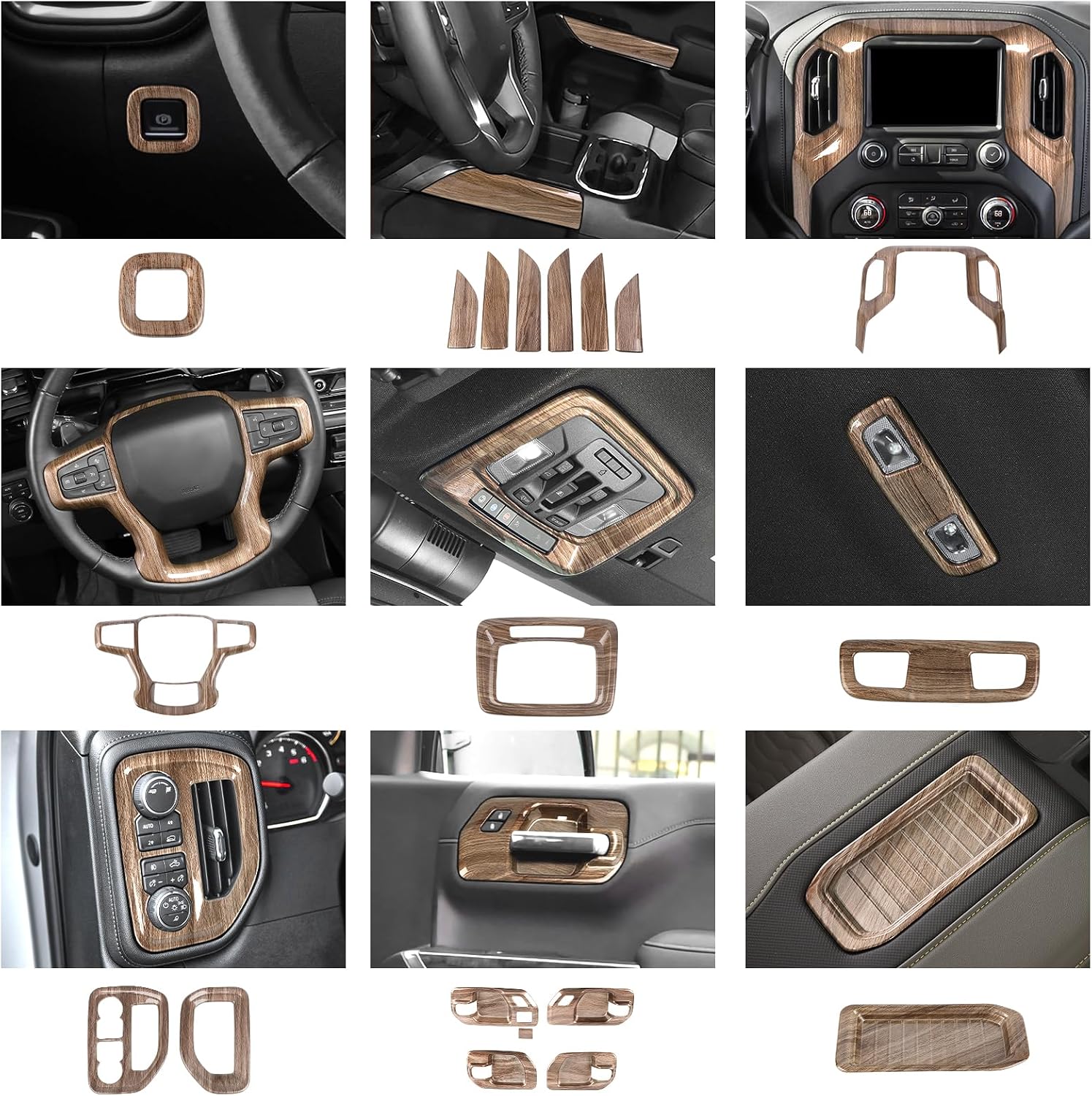 Jimen Fit for Chevrolet Silverado 4 Door 2019-2021, 25PCS Wood Trim Interior Kits - Navigation Panel, Dash AC Vent Cover, Inner Door Handle Bowl, Window Lift Switch Panel, Park Brake Button Cover