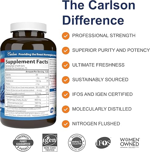 Miniatura 2 de Carlson - Gemas de aceite de hígado de bacalao, 460 mg de Omega-3s + vitaminas A y D3, aceite de hígado de bacalao noruego de origen sostenible,