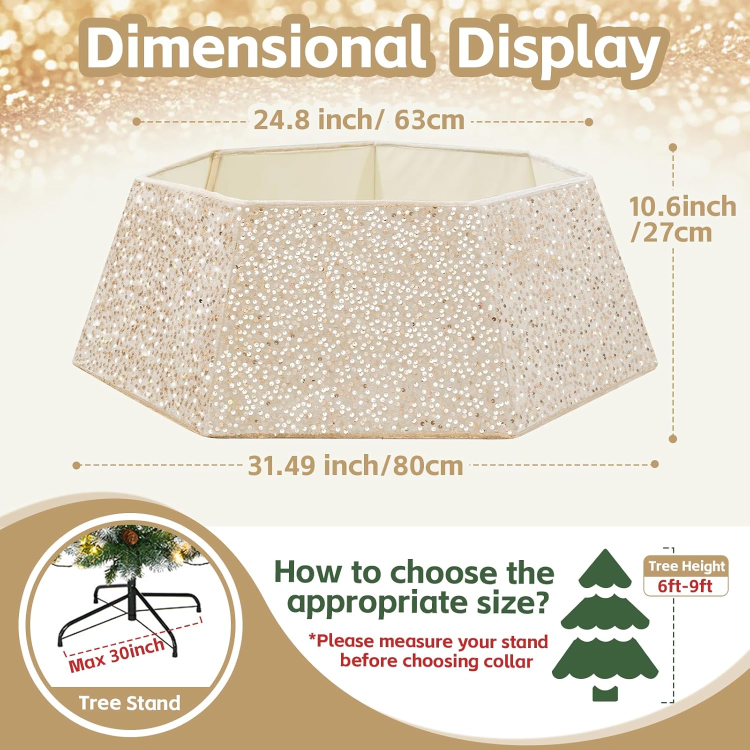 Champagne Gold Tree Collar 31.49 Inch Sequin Foldable Christmas Tree Ring Velvet Tree Skirt Cover for 9ft Xmas Pencil Tree Holiday Decor