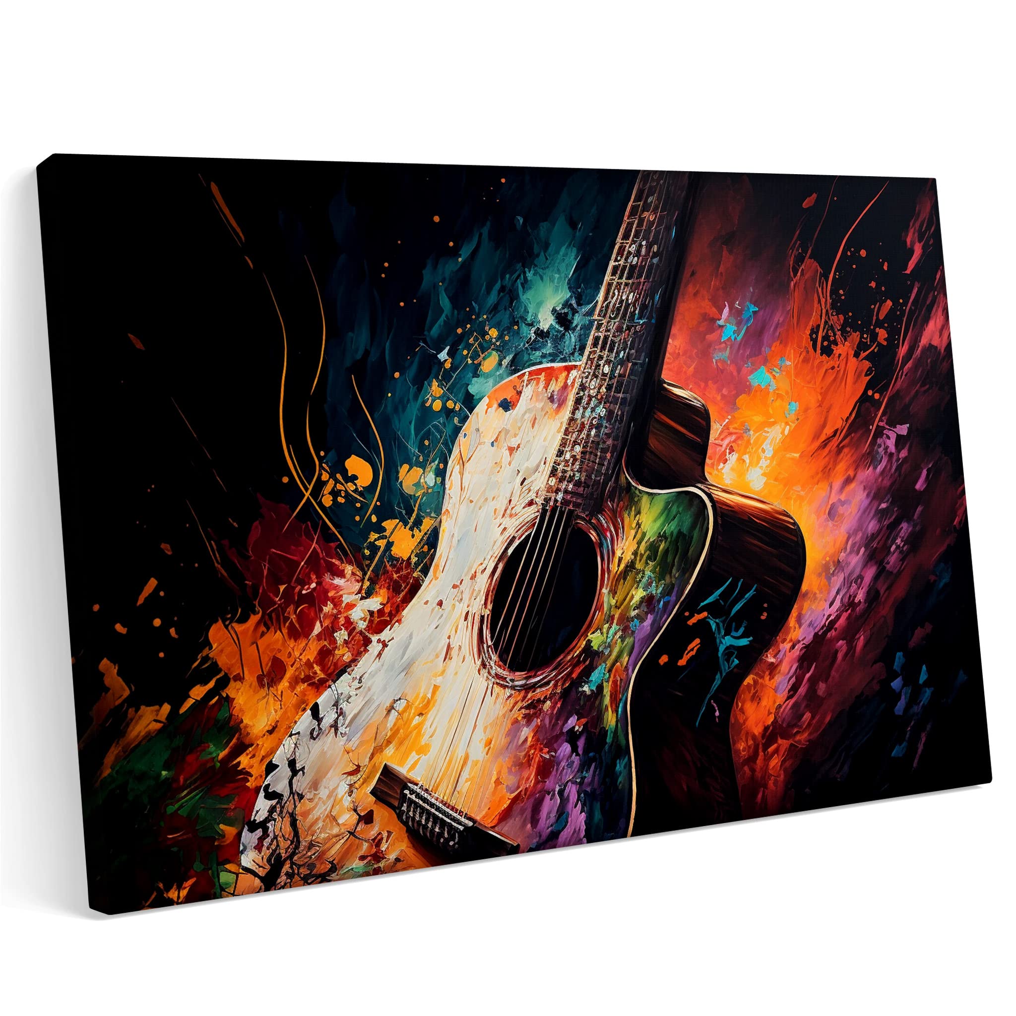 PRINTONIA Quadro su tela 120 x 80 cm chitarra acustica classica corde musica suono concerto astratto colori arte neon graffiti