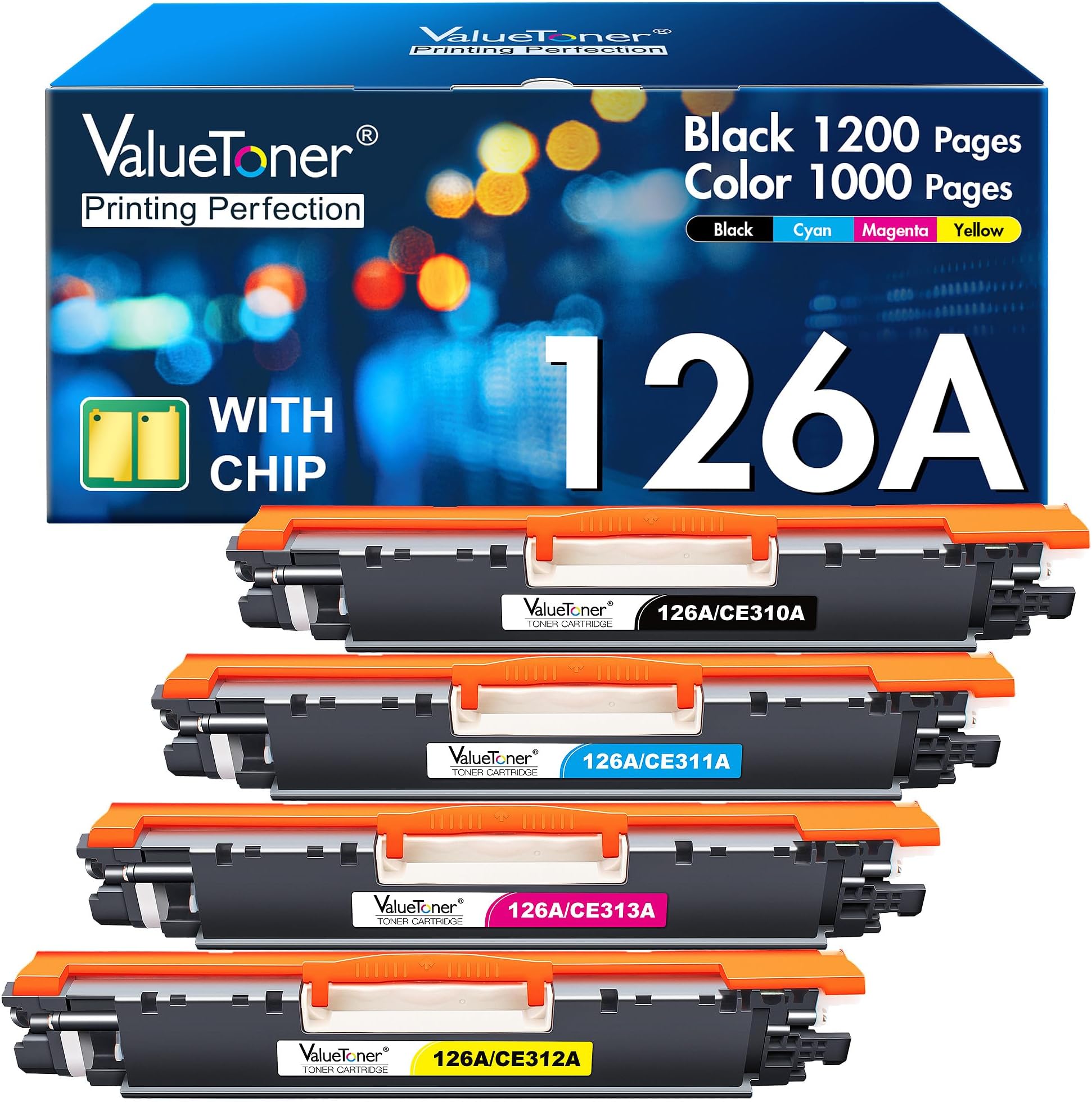 Valuetoner Remanufactured Toner Cartridge Replacement for HP 126A CE310A for Color Laserjet Pro CP1025nw, 100 MFP M175nw, 200 M275NW Laser Printer(Black, Cyan, Magenta, Yellow, 4 Pack)
