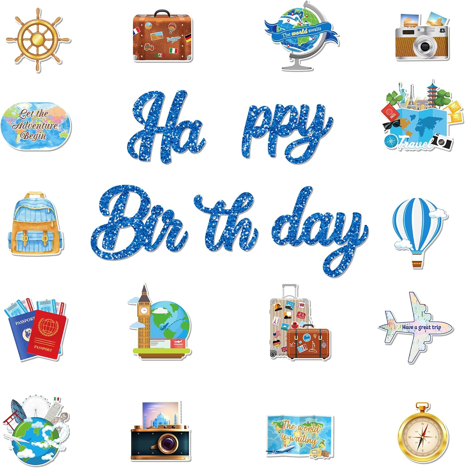 3Pcs Travel Time Happy Birthday Banners Let The Adventure Begin Theme Banner Glitter Blue Banner Sign for Adventure Begin Party Supplies image 2