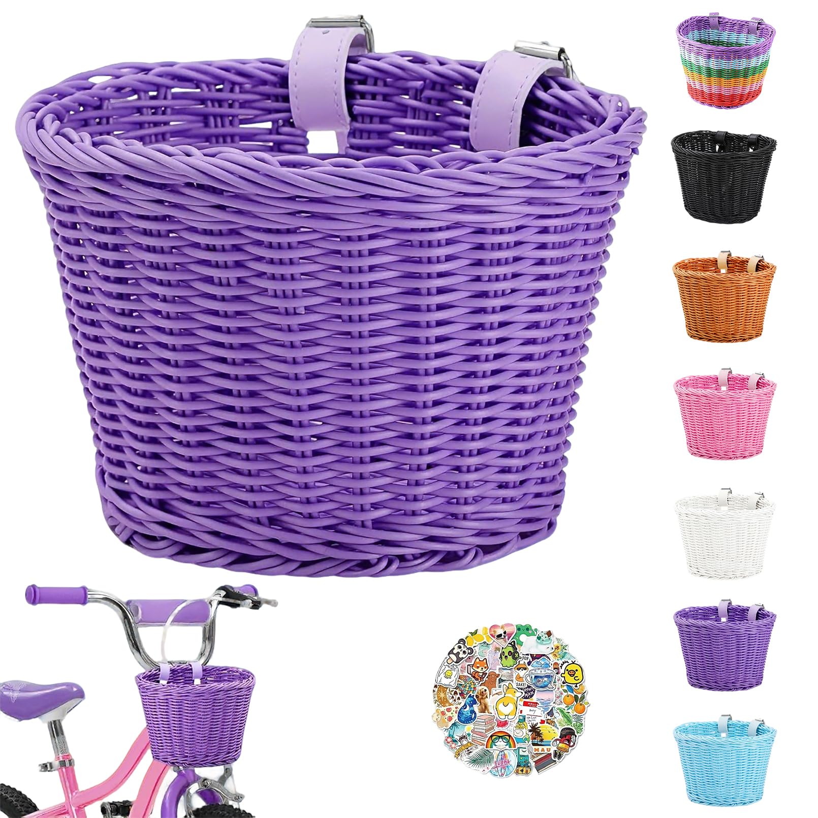 Kids' Bike Basket – Small Hand-woven Plastic Wicker Front Basket for Boys & Girls, Easy to Install & Waterproof (Purple) — image 1