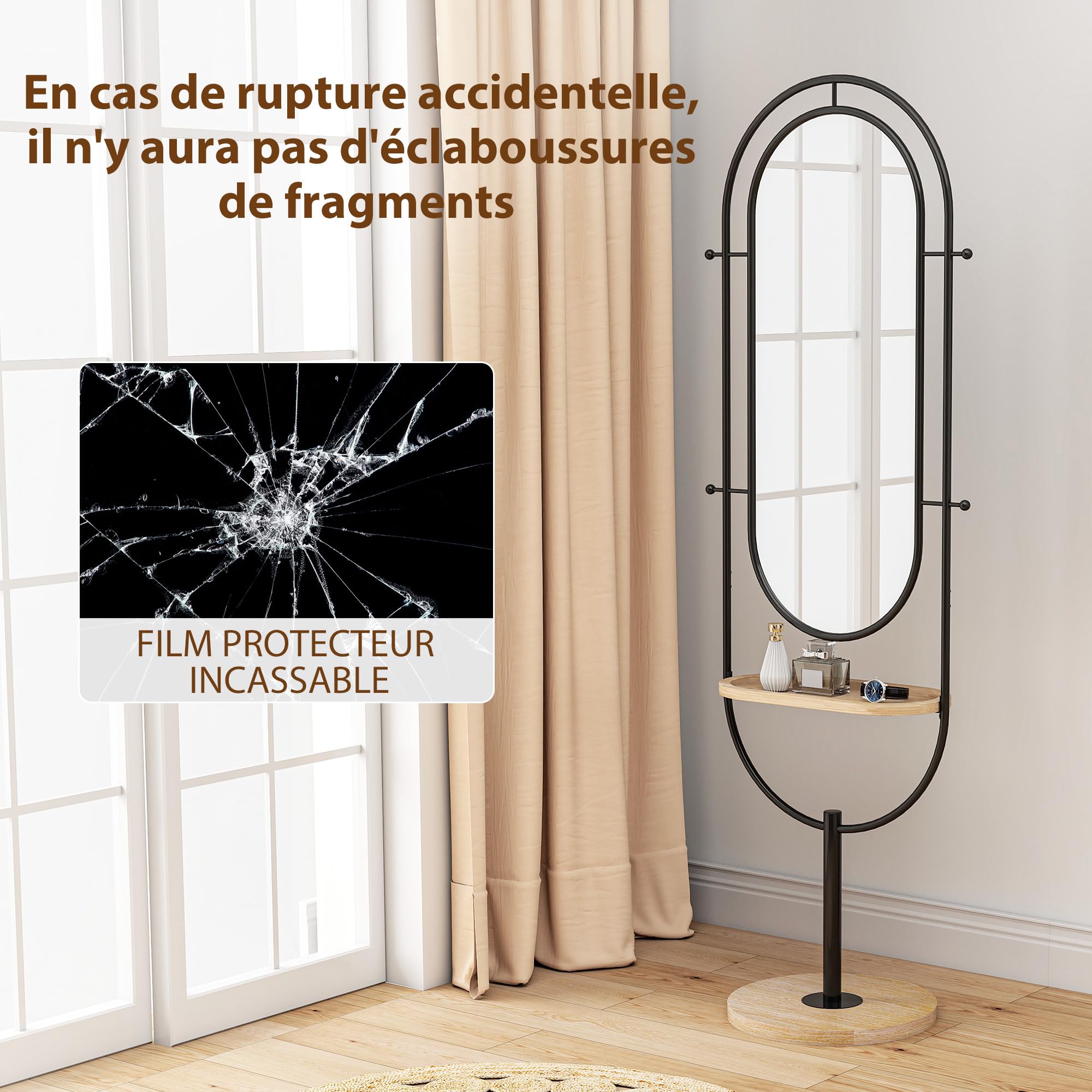 HOMCOM Miroir sur Pied Ovale avec Plateau en Bois 50 x 40 x 175,5 cm Noir