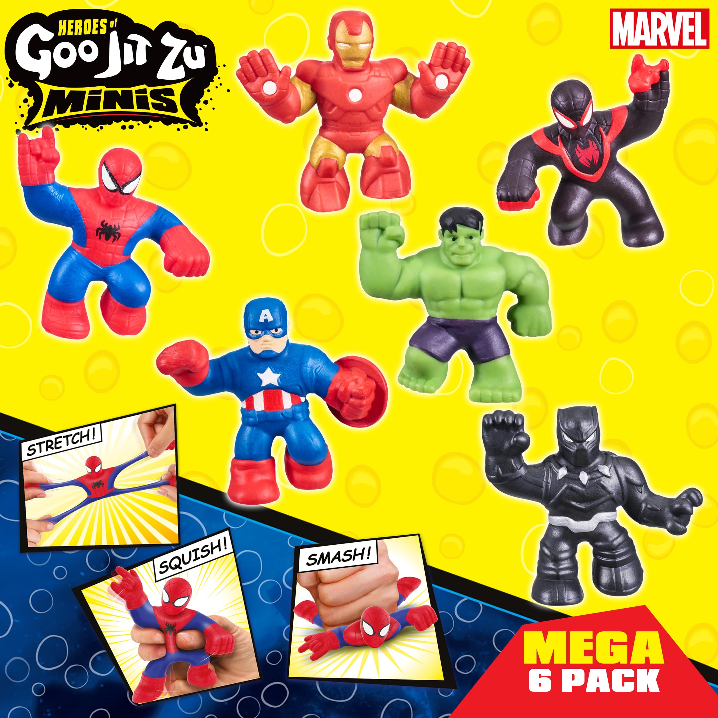Heroes of Goo Jit Zu Marvel Mega Mini 6 Pack - Squishy, Stretchy, Gooey Mini Heroes - Ironman, Spider-Man, Captain America, Miles Morales, Hulk and Black Panther