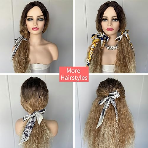 Miniatura 4 de Fencca Pelucas largas y rizadas de color rubio degradado en capas para mujer, 24 pulgadas, parte media, peluca sintética ondulada con raíces