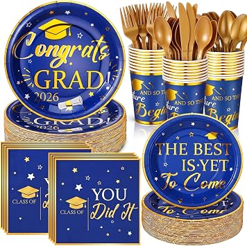 FillTouch 350 Pcs Graduation Plates and Napkins 2026 Graduation Party Disposable Congrats Grad Paper Plate Napkin Cup Fork Knife Spoon for Party Supply Decoration, Serve 50Best is Yet,Blue, Gold