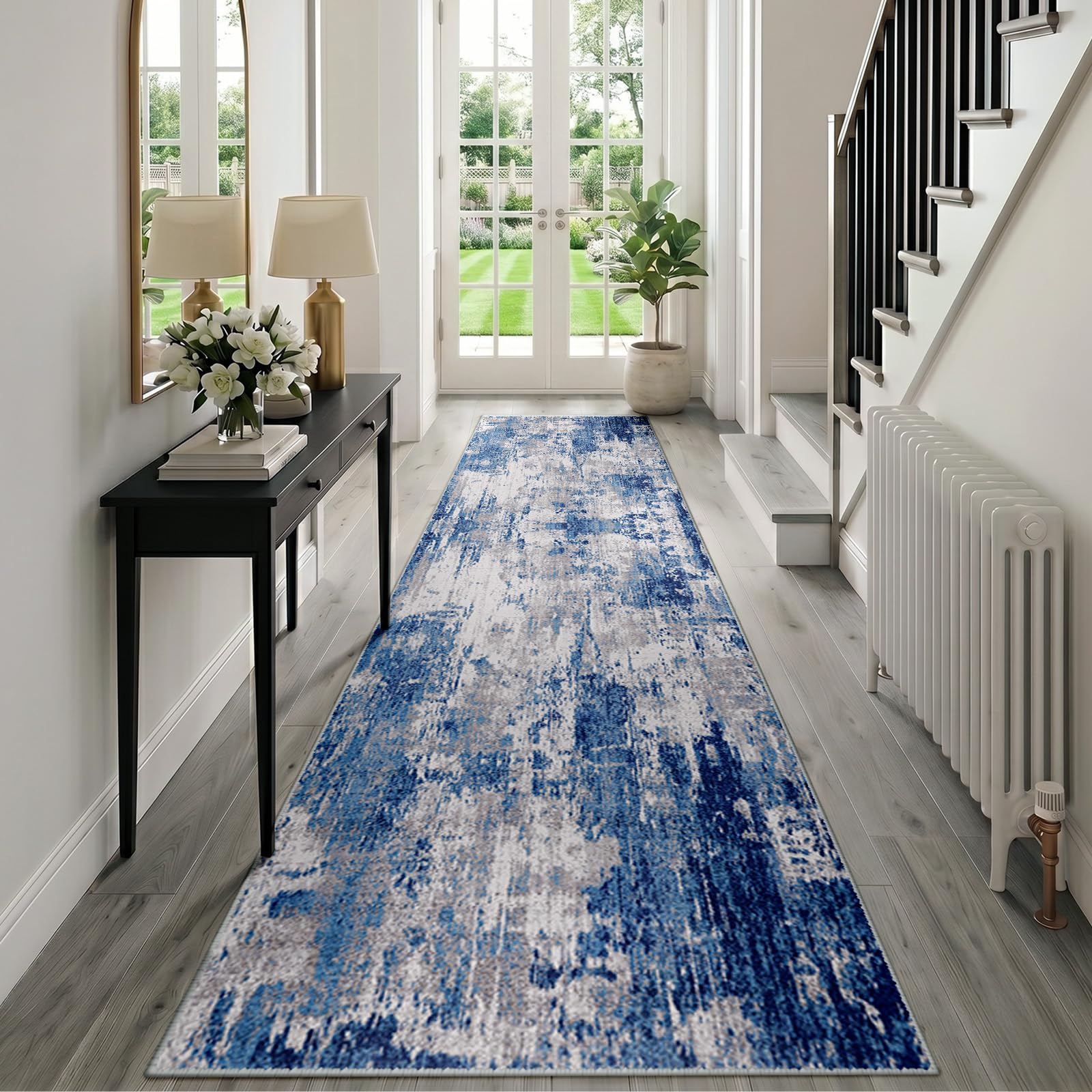 INOVADAY Washable Rugs Living Room 80x300 cm Modern Abstract Rug with Soft Low Pile Vacuum Friendly Non Slip Backing Minimalist Carpet for Lounge Bedroom Dining Room Home Office Blue/Grey — image 1